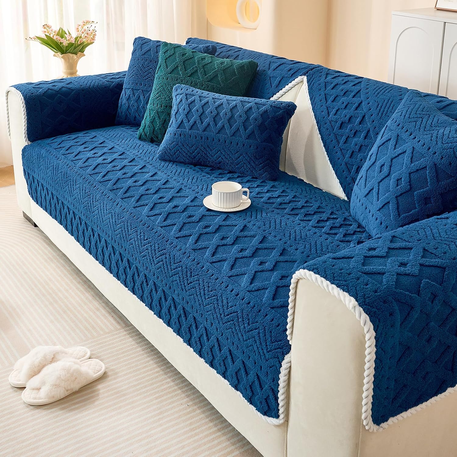 vctops Boho Jacquard Plush Sofa Cover Fluffy Fuzzy Couch Cover for Dogs Soft Cozy Non Slip Sectional Sofa Slipcover Washable Furniture Protector for Kids, Pets (Blue,36"x70")