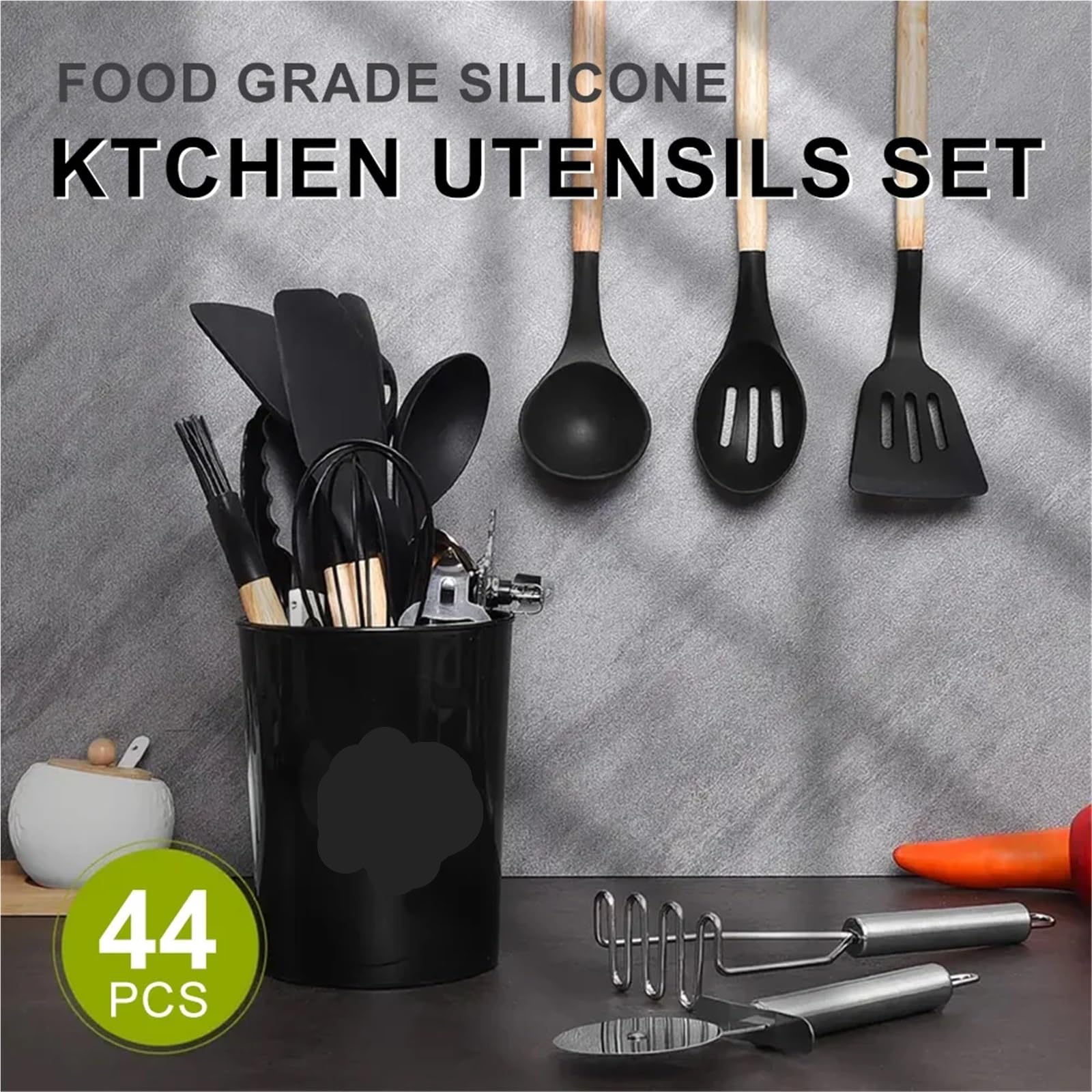 Silikon Küchenhelfer Set 44PCS Silikon Küchengeschirr Mehrzweck Kochgeschirr Utensilien Spachtel Suppe Löffel Schaufel Schneebesen Holz