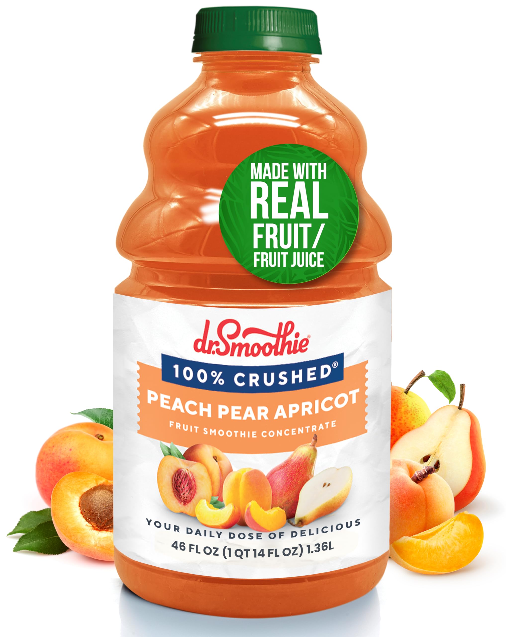 Dr. Smoothie100% Crushed Peach Pear Apricot – No Added Sugar, Made with Real Fruits/Fruit Juice – Vegan, No Artificial Colors or Flavors – Juicy Sweet Peaches, Tart Apricots & Pears – 46 oz Bottle