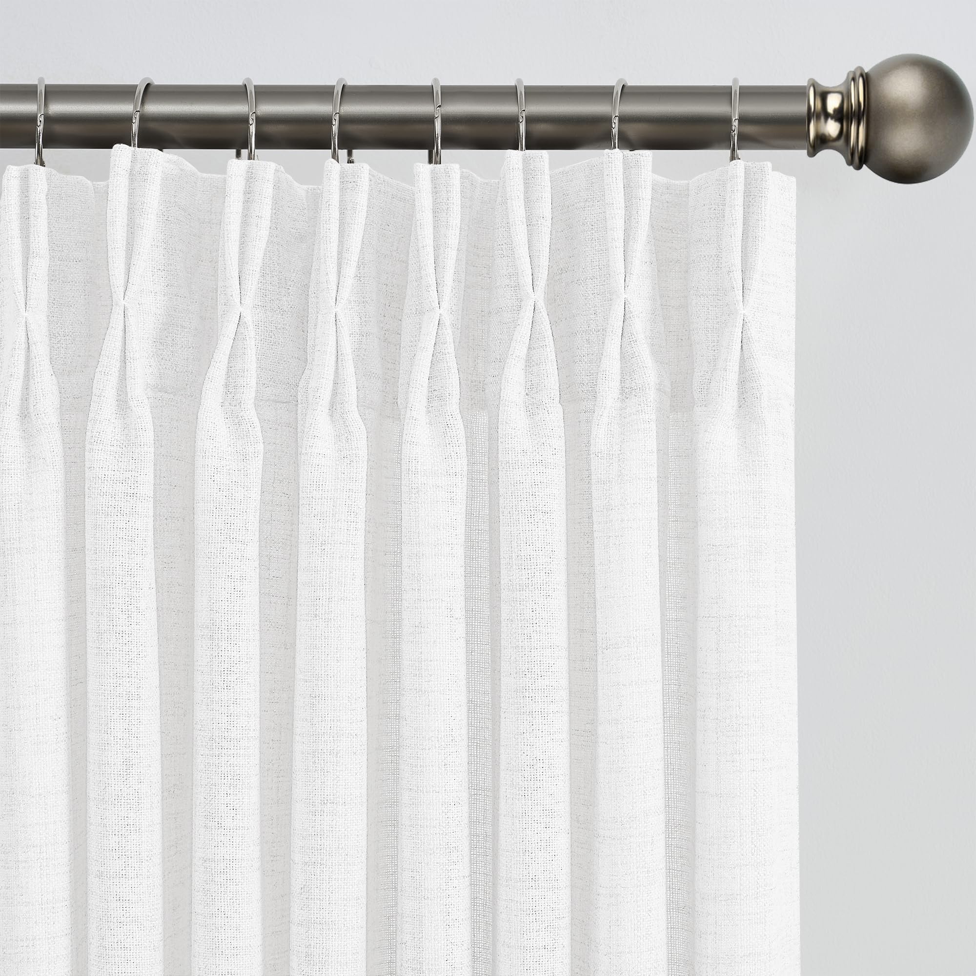 White Linen Pinch Pleated Semi Sheer Curtains 2 Panels 45 Inches Long, Back Tab with Hooks, Window Treatment Curtains for Bedroom Cabin 42 Inch Wide