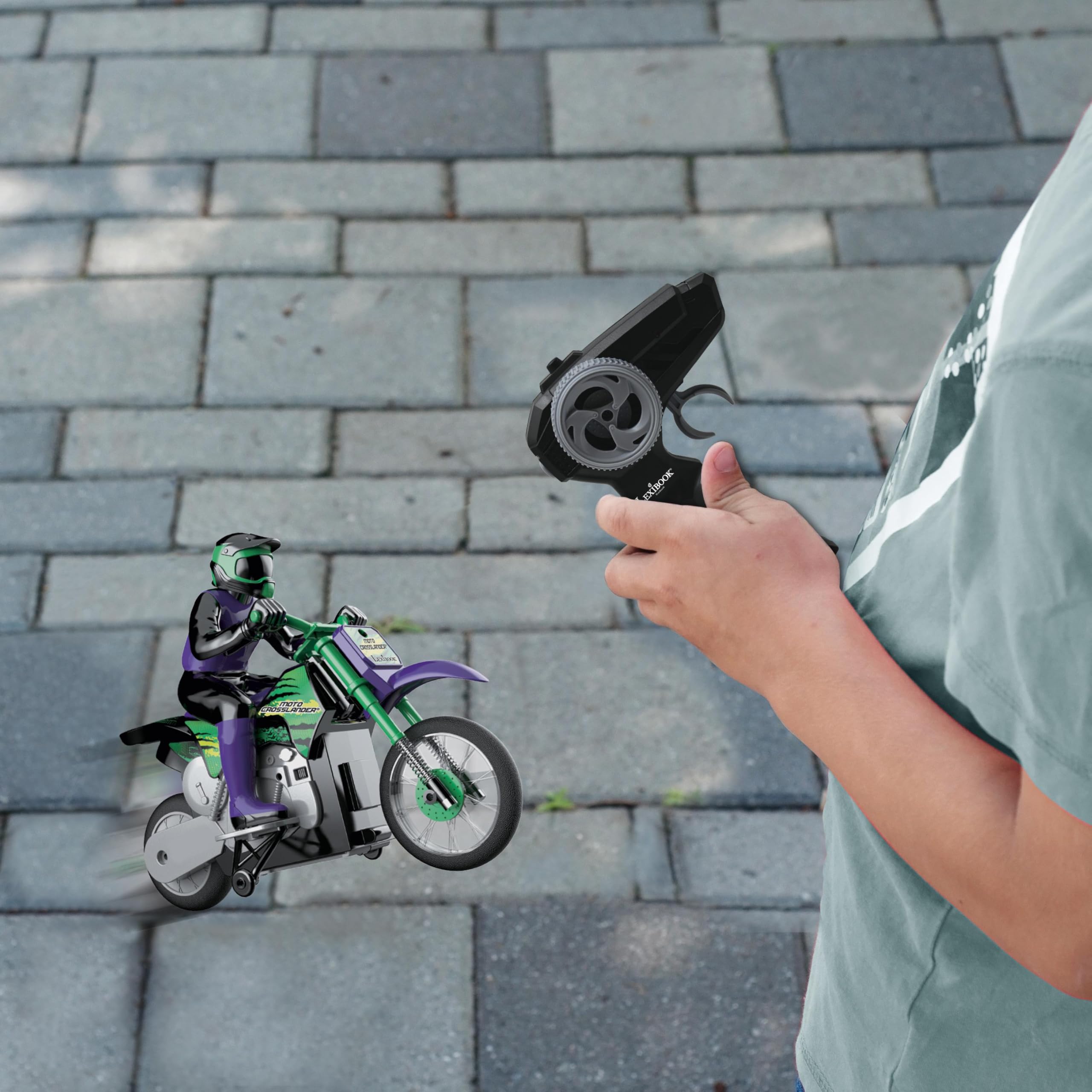 Lexibook, Moto Todoterreno radiocontrolada Crosslander®, hasta 12km/h, Equilibrio, Efectos de luz, derrapes Locos, aceleración rápida, Mando a Distancia ergonómico, Recargable, RC18LXB
