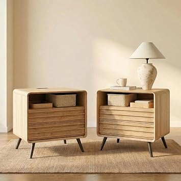 RedLemon 24" Fluted Nightstand Set of 2 with Charge Station, 2 Drawers, Oak | Mid Century Modern, 2 Drawers & Open Cubby Storage, P2 Engineered Wood, Smooth Slides, Easy Assembly, Charge Station