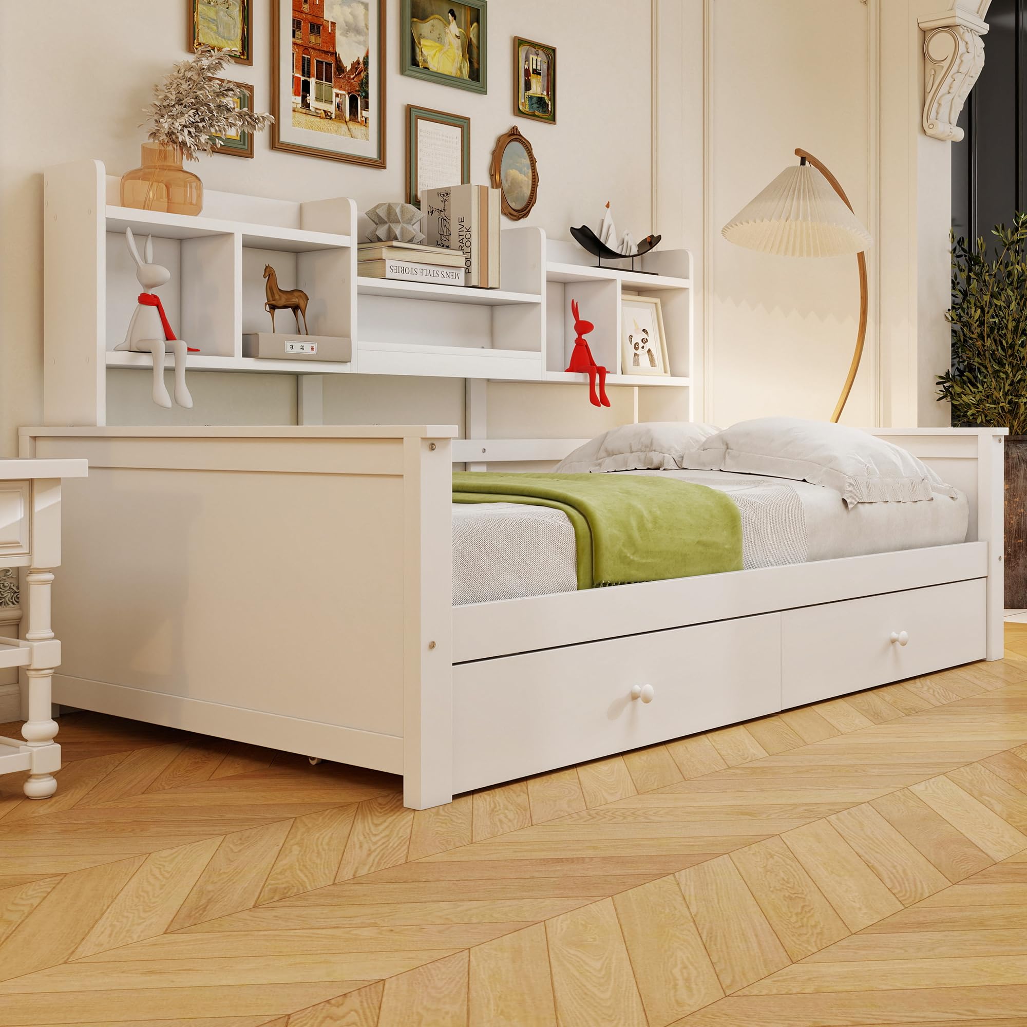 Cama Individual 90 x 200 cm Con Cajones y Estantes - Sofá Cama, Somier, Infantil, Juvenil - Madera Maciza Sin Colchón (Blanco)