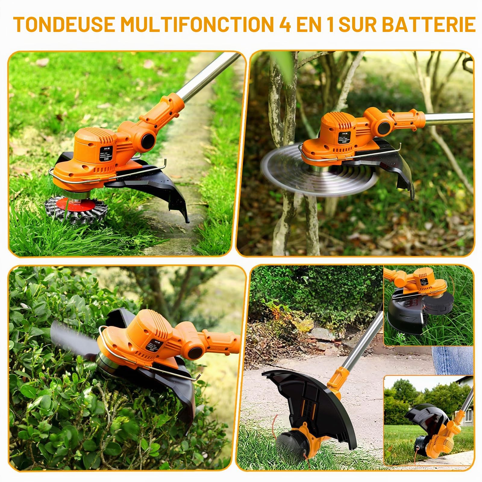Coupe Bordure sans Fil avec Batterie 4 en 1 Debroussailleuse Electrique sans Fil avec 2 Batteries 4.0 Ah, 21V Débroussailleuse à Batterie Brushless avec Brosse Désherbage pour Jardin Élagage,Orange,b