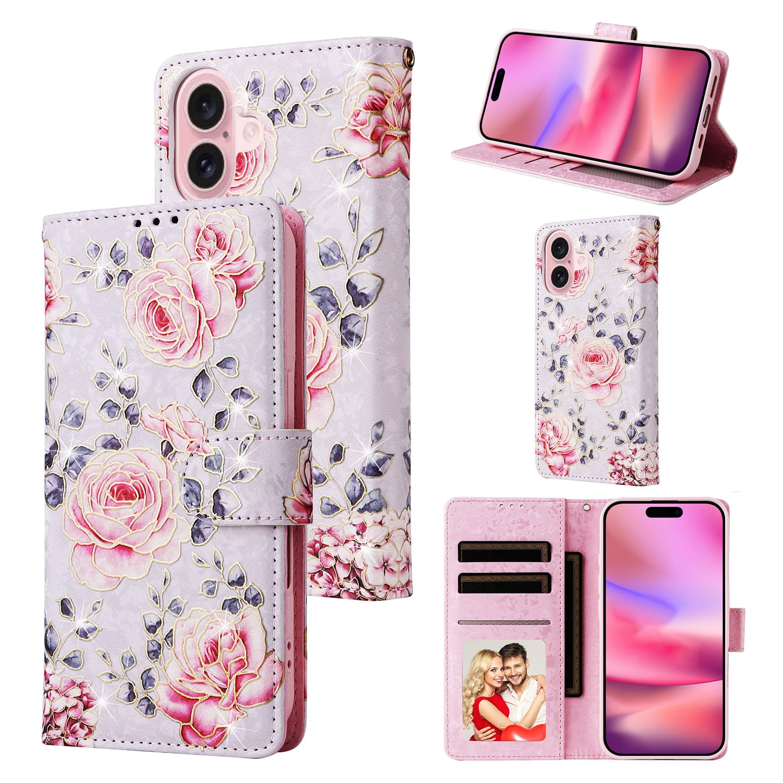 UEEBAI Wallet Case for iPhone 16 Plus, PU Leather Phone Cover Kickstand RFID Blocking Flip Case Card Slots Wrist Strap Relief Engraved Pattern