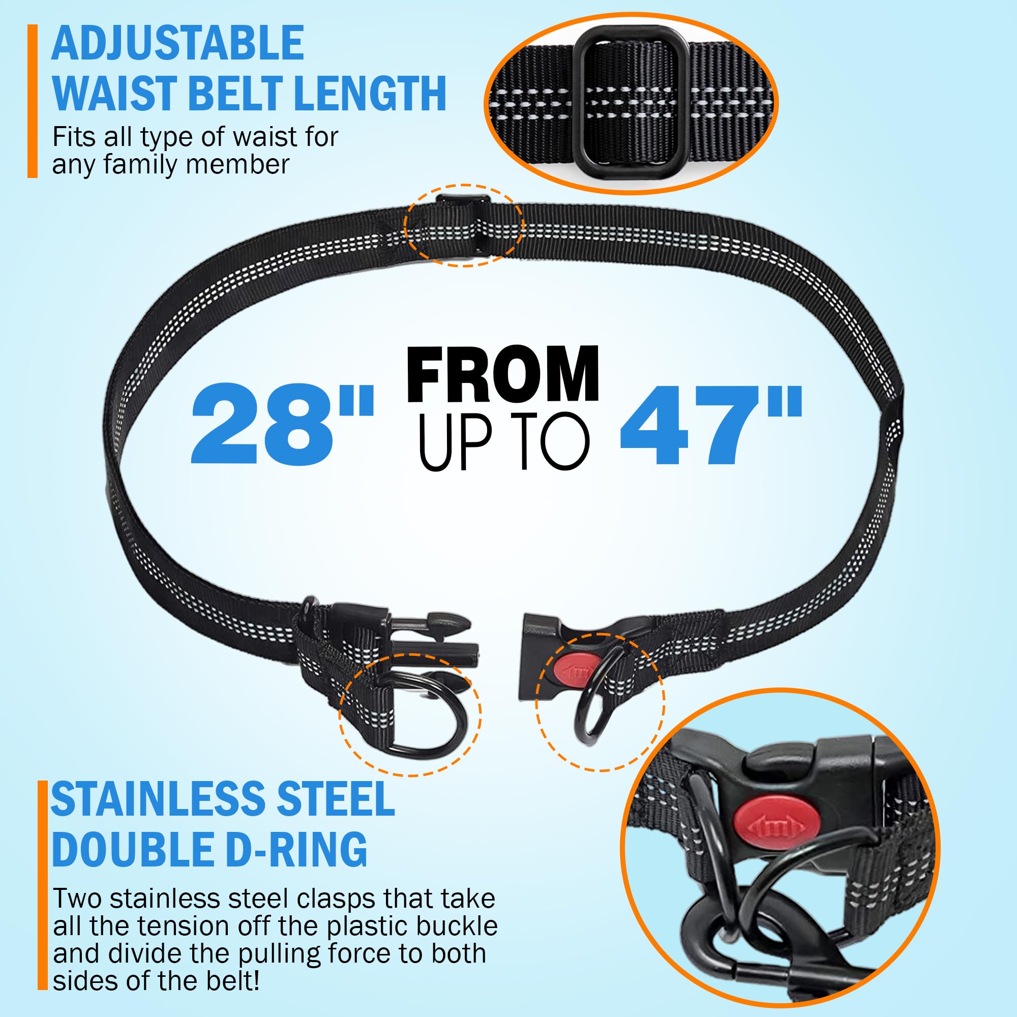 Hands Free Dog Leash with Waist Belt – No-Pull Bungee, Dual Padded Handles & Zipper Pouch for Running, Walking & Training – Adjustable Waist Leash for Large & Medium Dogs (Black) - image 3