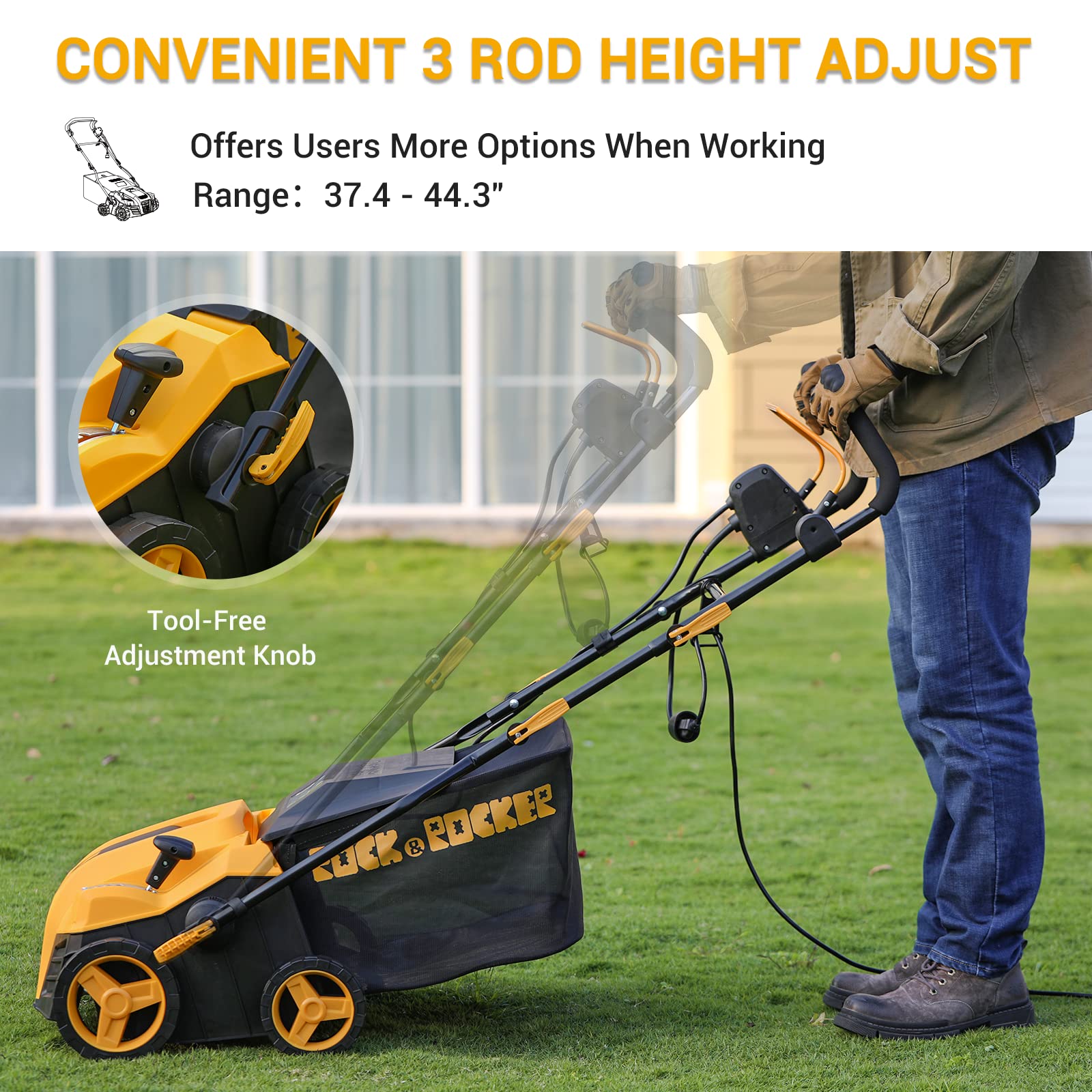 Rock&Rocker 16Inch 15Amp Electric Dethatcher Scarifier, 5Position