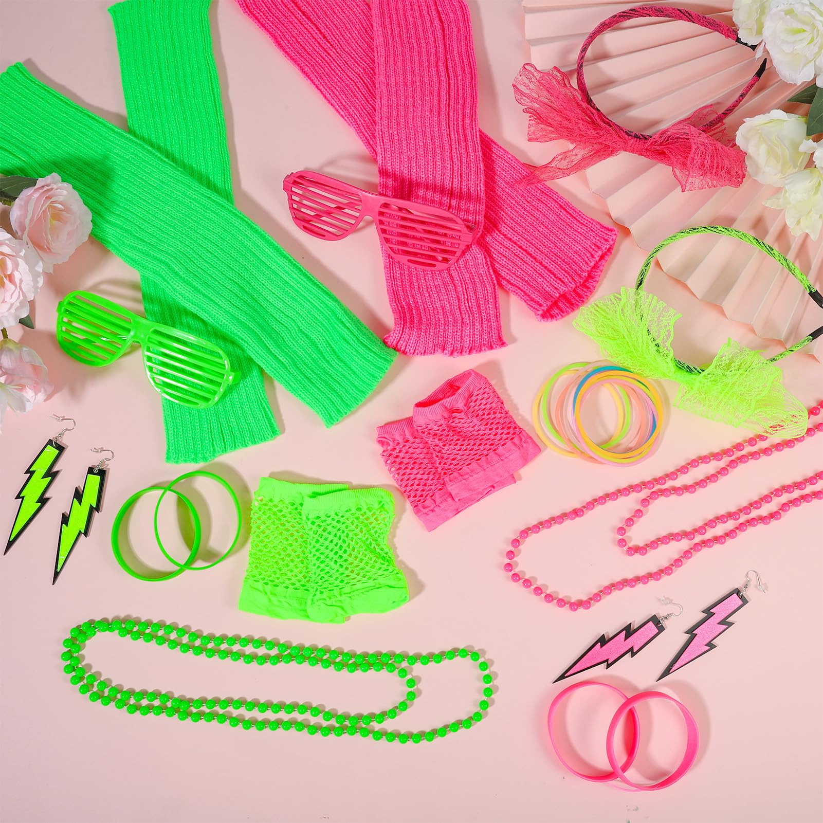 FRIUSATE 42 Pcs 80s Fancy Dress for Women Neon Pink & Green 80s Accessories with Leg Warmers Lace Bow Headband Necklaces Bracelet Fishnet Gloves - Image 4