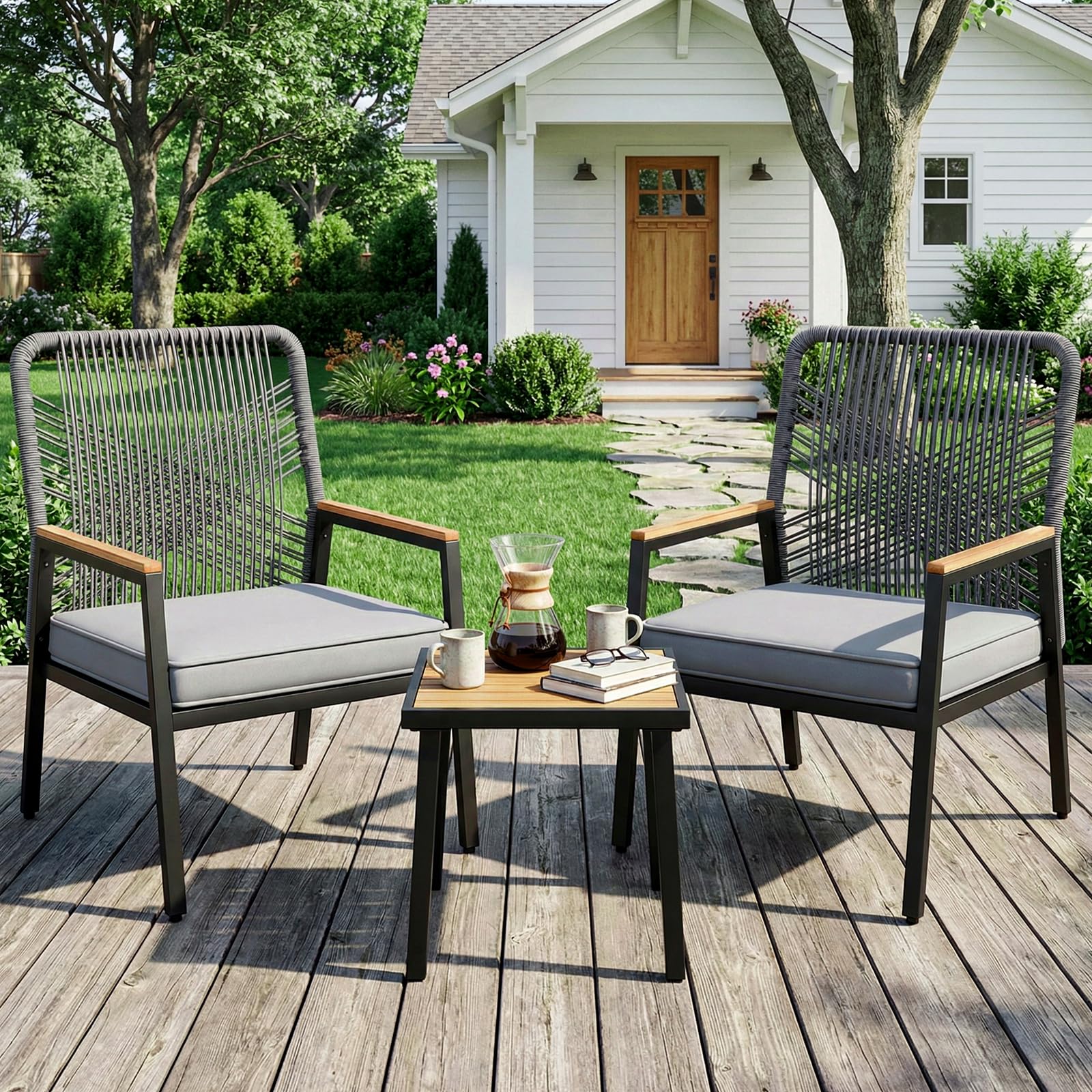 LIFERUN Gartenmöbel-Set, 3-teilig Gartenstuhl Rattan, für Terrasse, Garten | 2 Terrassenstühle mit Tisch, Bis 160 kg, witterungsbeständig, WPC Armrest, Outdoor Balkonmöbel Metall und Rattan, Grau