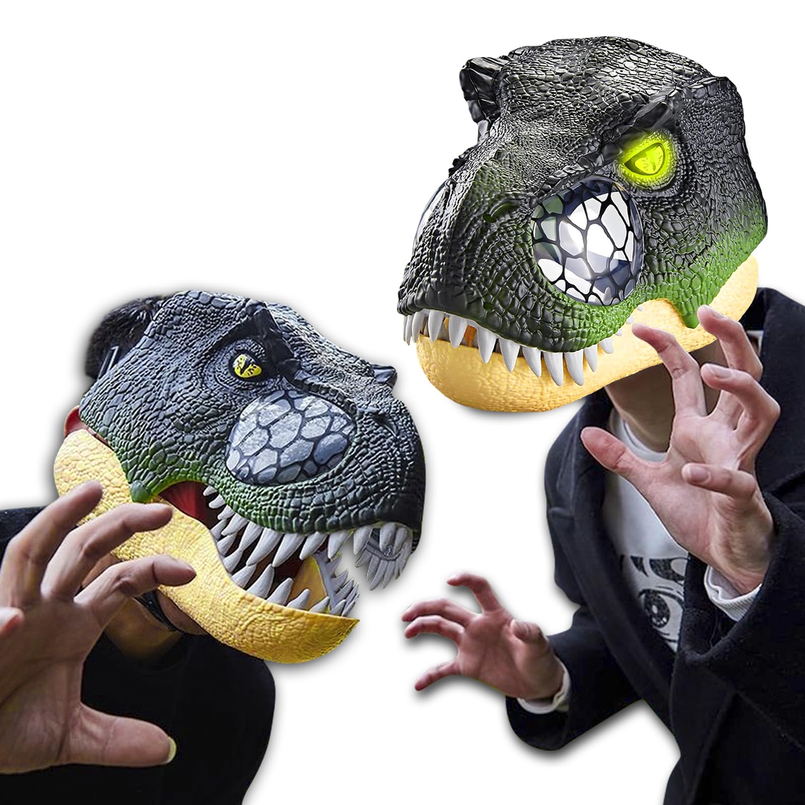 VBACALA Máscara de Dinosaurio Ojos con luz LED Máscara de dinosaurio con Sonidos Dientes Realistas con Barbilla Móvil Boca Abierta Máscara de Dinosaurio Disfraz de Halloween para Niños