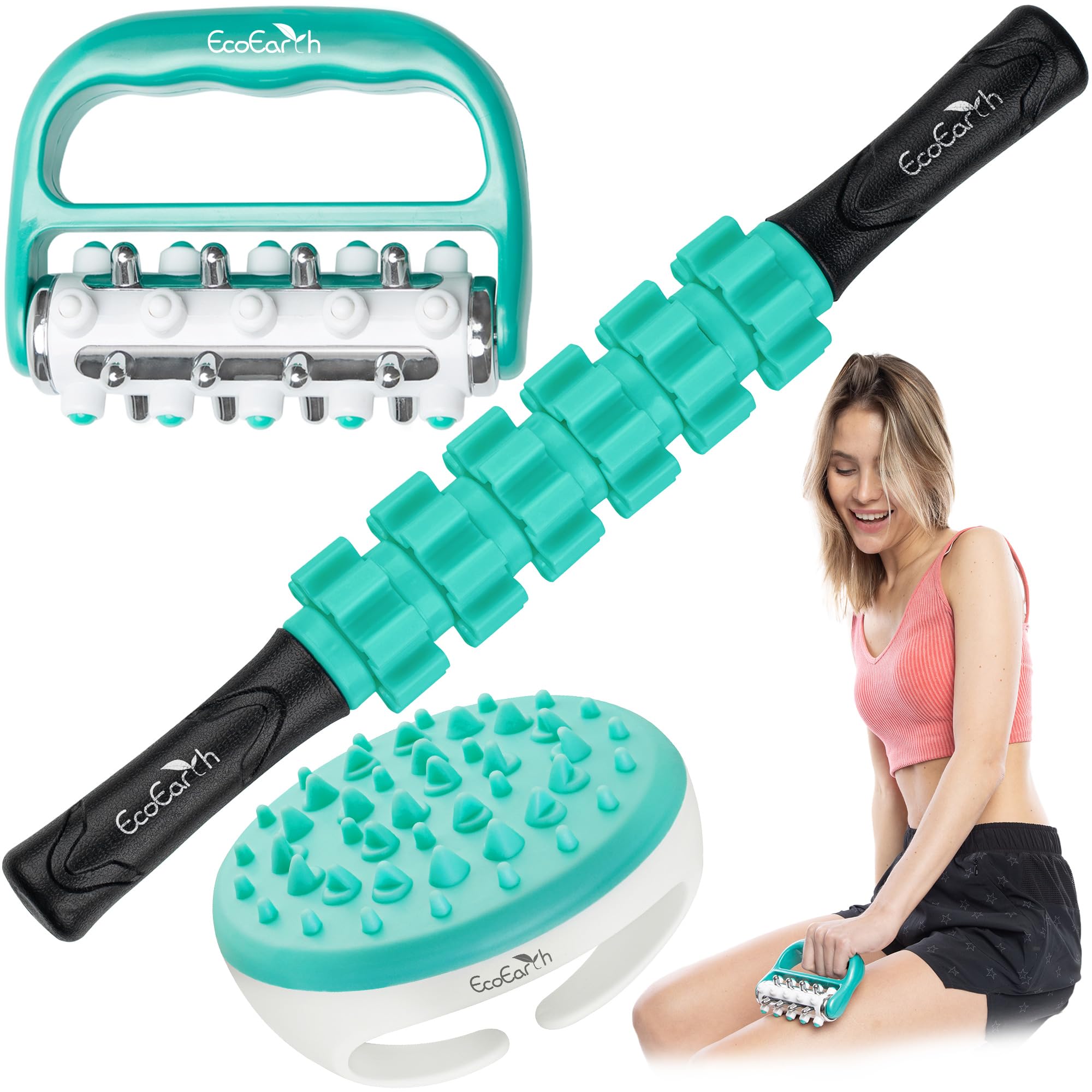 EcoEarth - 3-in-1 Fascia Roller Massage Kit - Includes: Massage Roller Stick, Anti-Cellulite Massage Scrubber & Handheld Massager - Trigger Point Massagers for Myofascial Release & Quick Recovery
