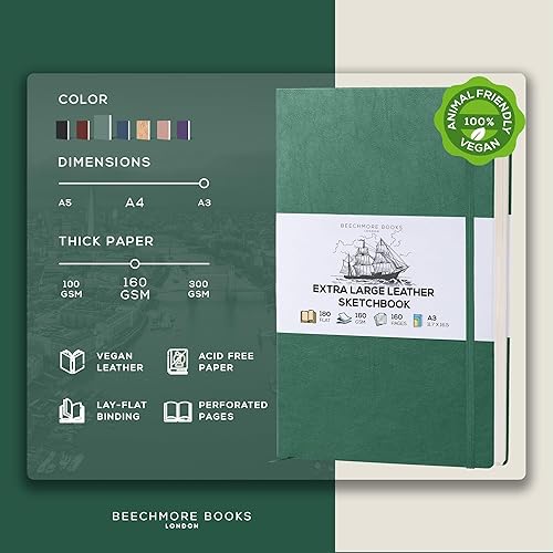 Miniatura 2 de BEECHMORE BOOKS Cuaderno de bocetos de arte, XXL A3 156 páginas de 11.6 x 16.6 pulgadas, cuaderno de bocetos de cuero de tapa dura, bloc de bocetos