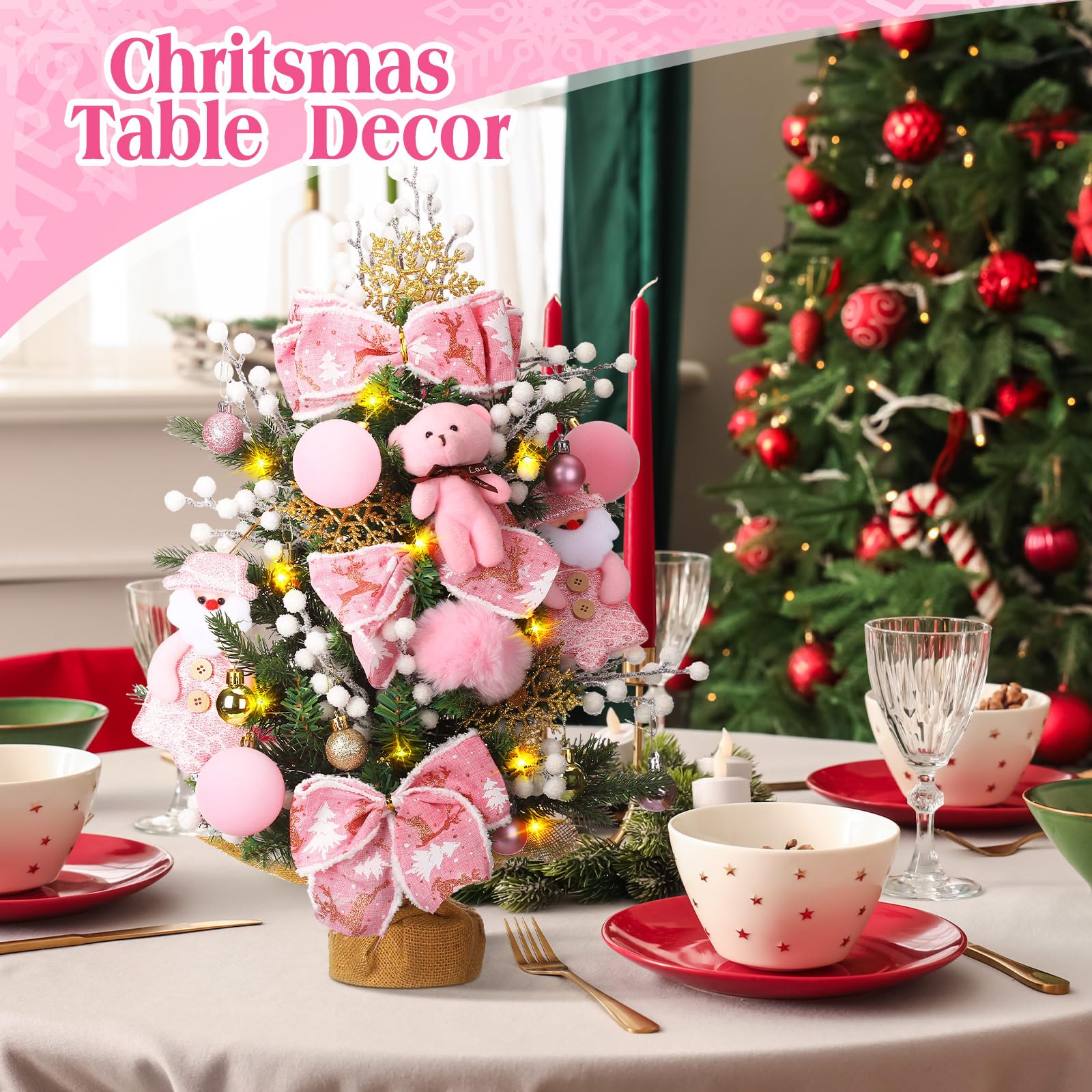 Vesici Mini sapin de Noël artificiel rose de 50 cm avec lumières DEL – Petit sapin de Noël artificiel avec ornements à suspendre – Ours Père Noël bonhomme de neige pour la maison, le bureau, la