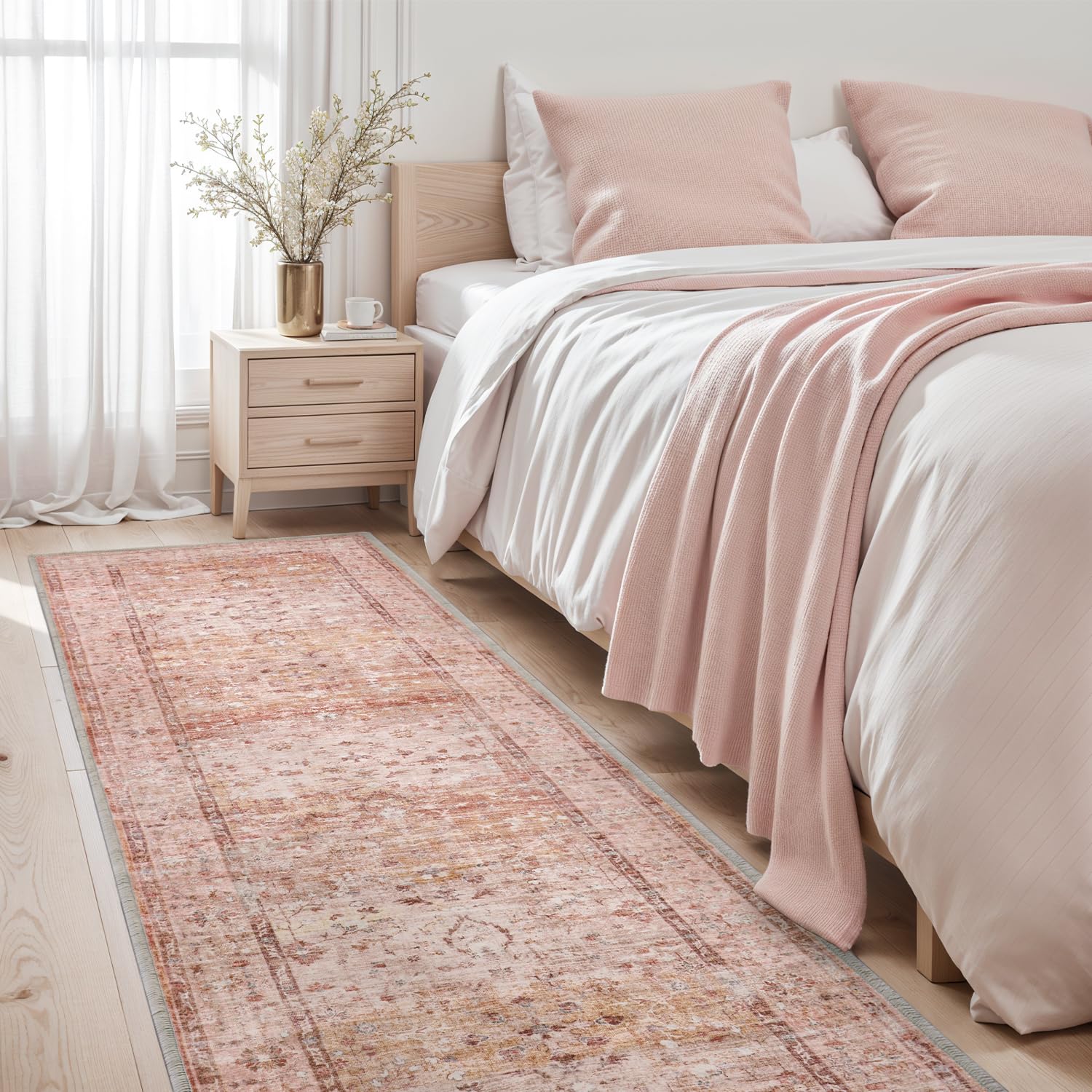 16x18 Washable Runner Rug Non Slip Hallway Runner Rug 8 ft, Low-Pile Entryway Runner Rug, Distressed Ultra-Thin Indoor Carpet Bedside Rug, Pink
