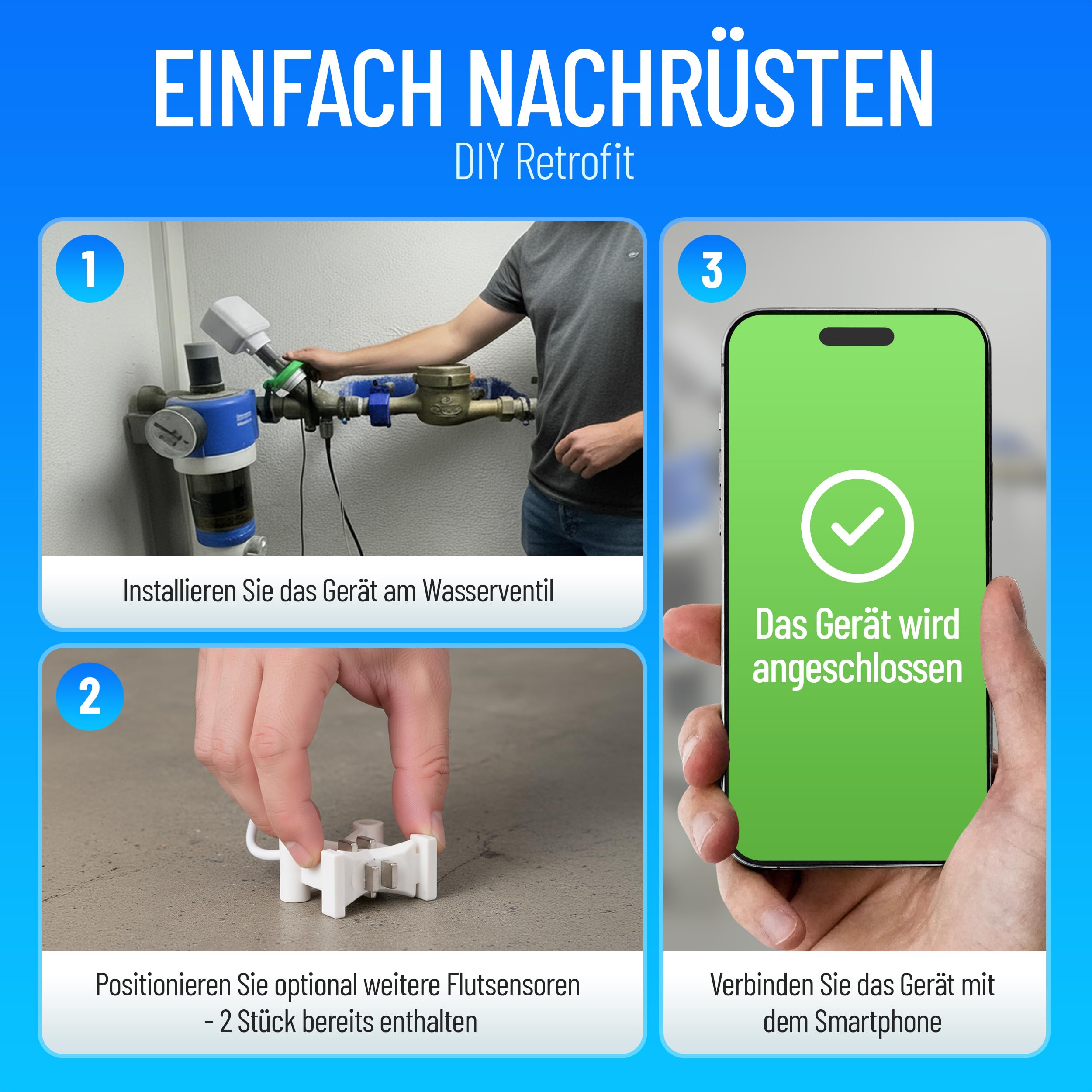 Wassermelder WLAN mit Abschaltung Hauptventil bei Alarm, LeakAlert 360, für Schrägventile, DIY-Installation ohne Klempner, Laute 50dB Alarm, 2 Funk-Wassersensoren, erweiterbar