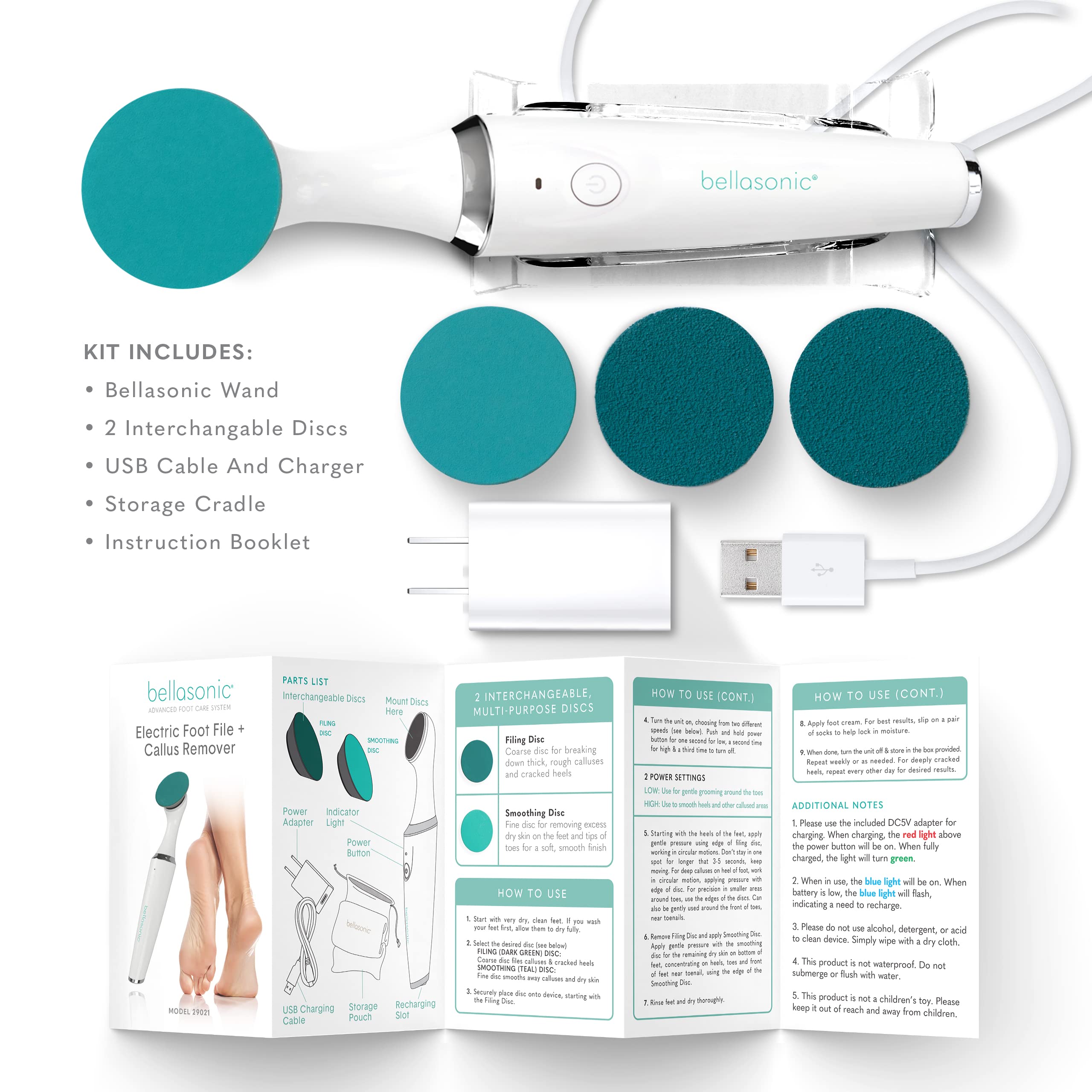 Bellasonic Lima elettrica per piedi + rimozione calli con testa oscillante unica – lima e liscia secca, pelle indurita e screpolata su talloni e dita dei piedi – Pedicure di qualità professionale a