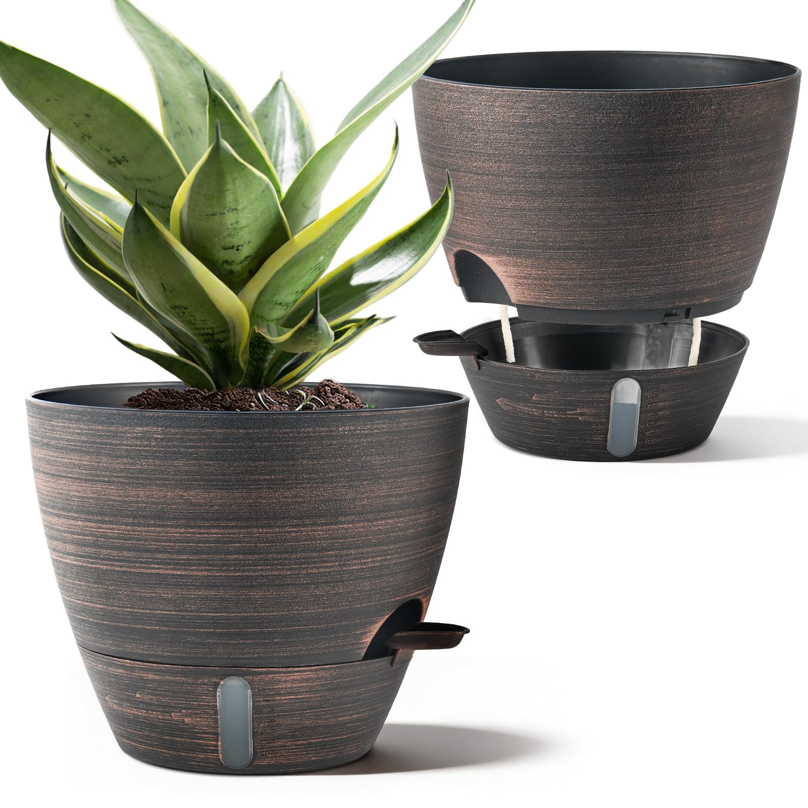 ZMTECH 25 cm Plant Pots with Drainage Holes Saucer Self Watering Planters with Watering Inlet Plastic Flower Pot for Indoor Outdoor Plants (Set of 2, Bronze)