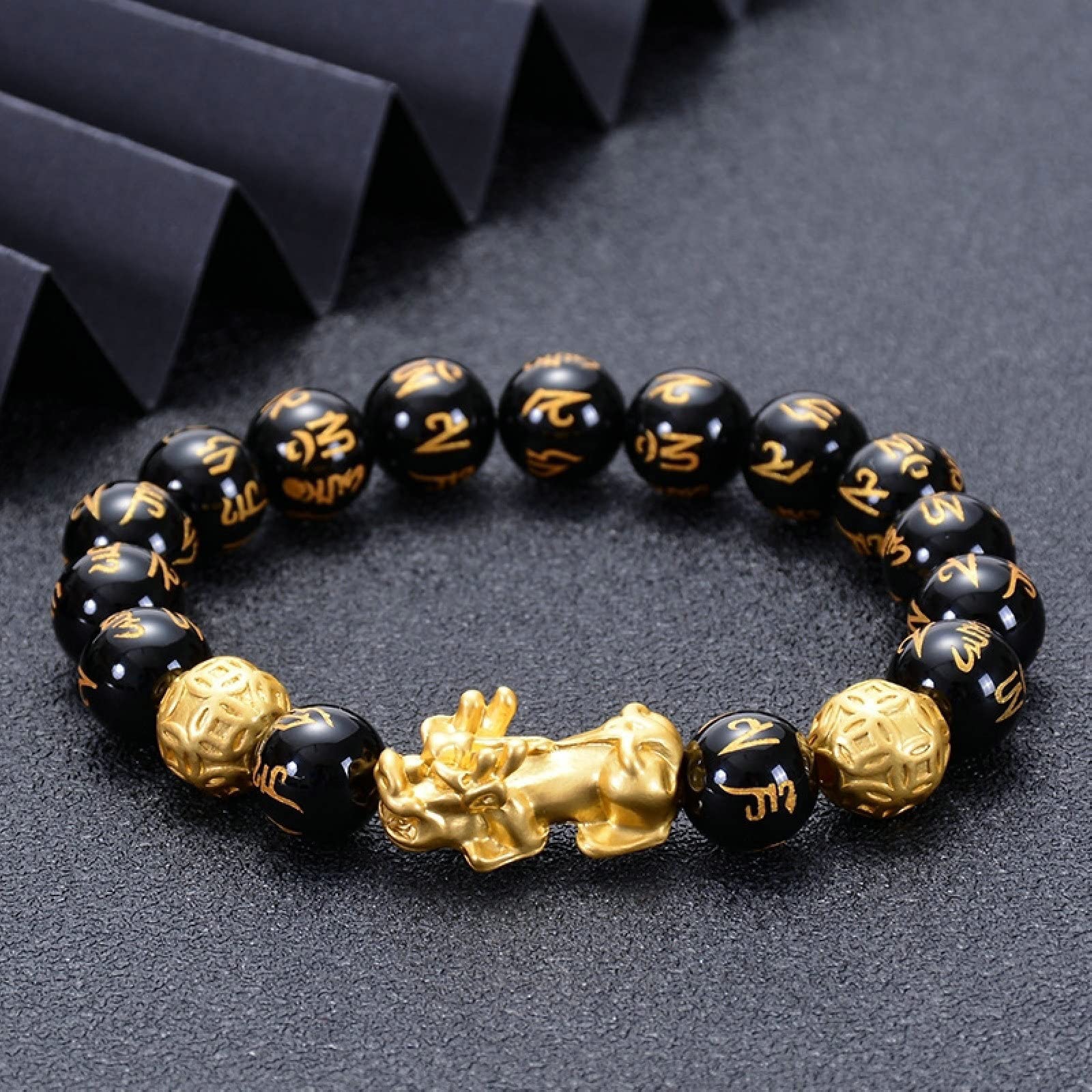 Bracciale con Perline da Donna, Bracciale in Pietra Nera da 8 mm con Artiglio Bracciale con Perline Elasticizzate da Uomo 17 cm
