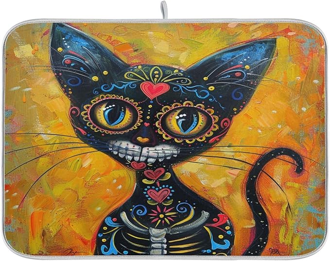 Vivid Print Kitchen Countertop Dish Drying Mat, Day Of Dead Happy Sugar Skull Cat 16