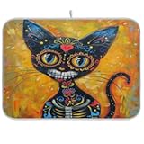 ZzWwR Vivid Print Kitchen Countertop Dish Drying Mat, Day Of Dead Happy Sugar Skull Cat 16"" x 18"" Absorbent Slip-Resistant Table Protector Multipurpose Counter Rack Sink Drainer Pad, Floral