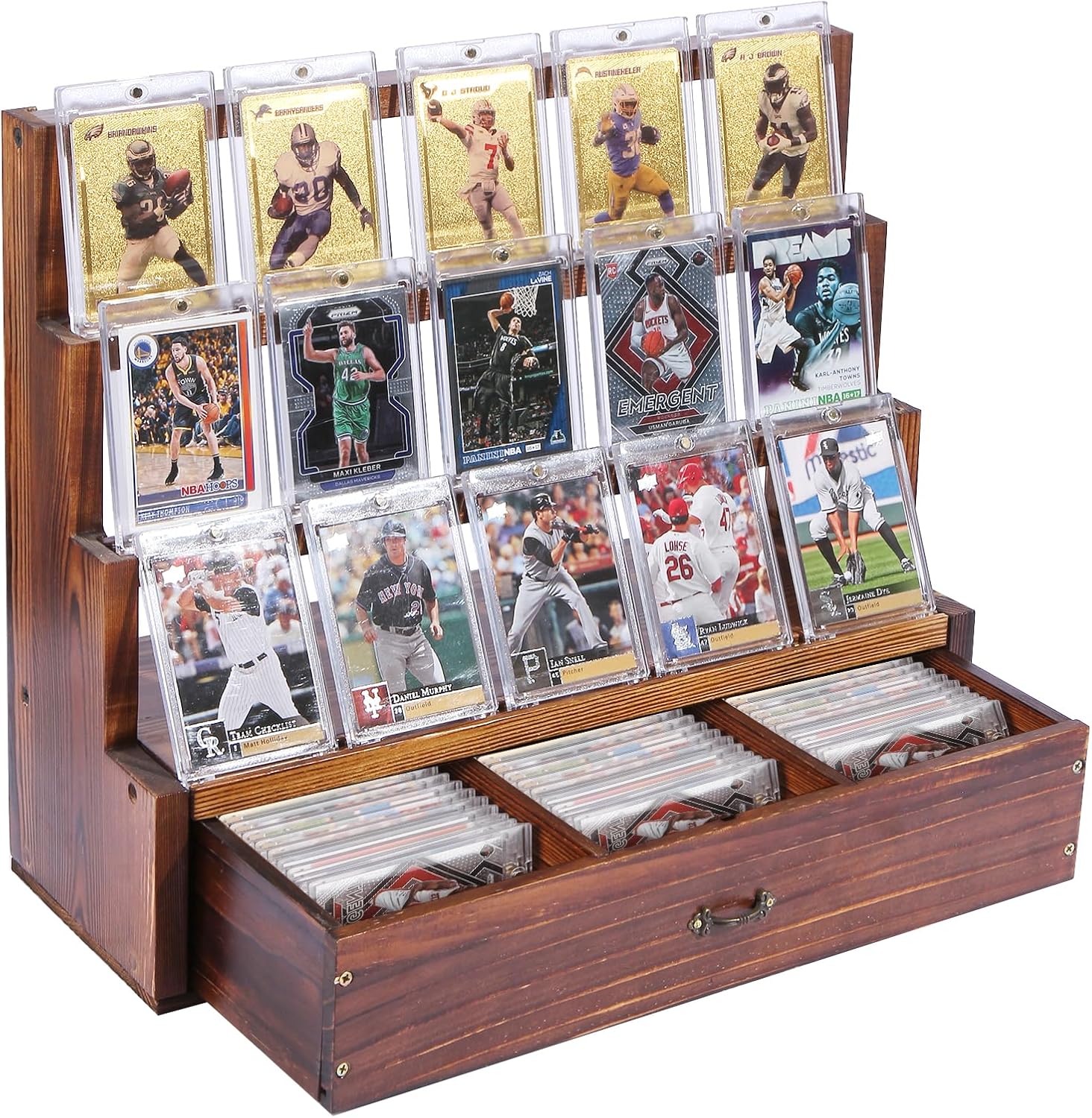 Card Display Stand with Storage Cabinet – Wooden 3-Tier Baseball Card Display Stands for PSA Graded Cards – Trading Card Display Stand for Sports Card Collection & Organization