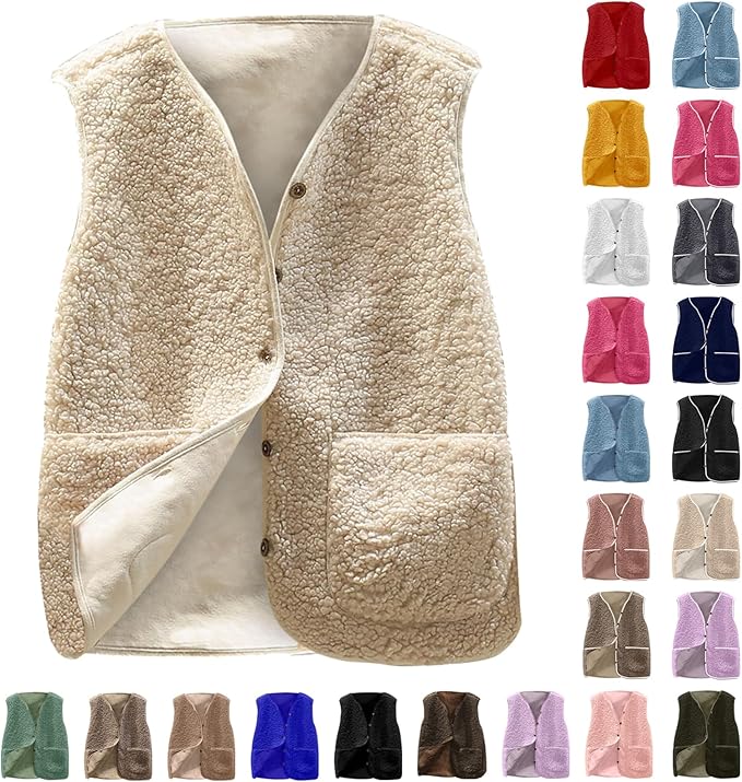 Fleece Vest Women Casual Winter Sherpa Jacket Fall Button down Vests Lightweight Fuzzy Outerwear with Pocket