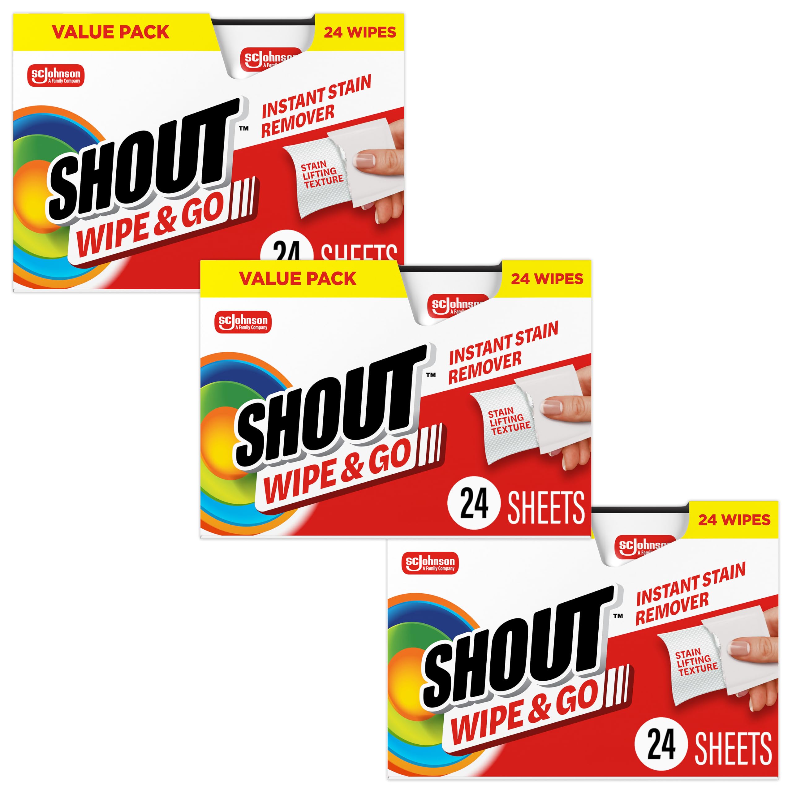 Shout Wipe & Go, Portable Instant Stain Remover Wipes, 24 Count, (3 Pack) | Individually Wrapped, Removes Stains from Grass, Coffee & More, Office, School & Diaper Bag Essentials, Packaging May Vary