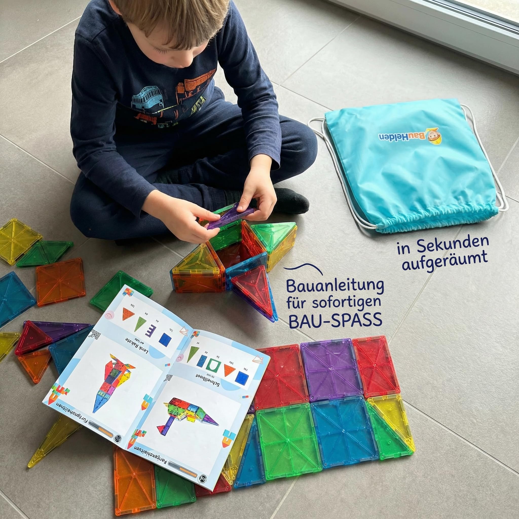 BauHelden Magnetbausteine Set, 180 Teile, Magnetische Bausteine, BPA Frei, Deutsche Bauanleitung, Kreatives Konstruktionsspielzeug