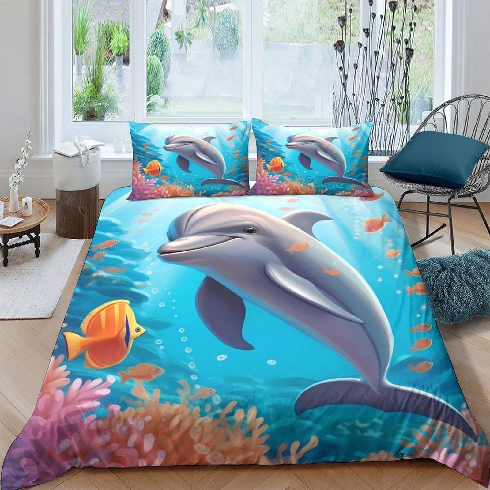 Ctjqhvkz Style-4 3D Printed Dolphin Ocean Fitted Sheet Microfiber Soft Coral Reef Bed Cover Non-Slip For Bedroom Guest Room Single（135X200cm）