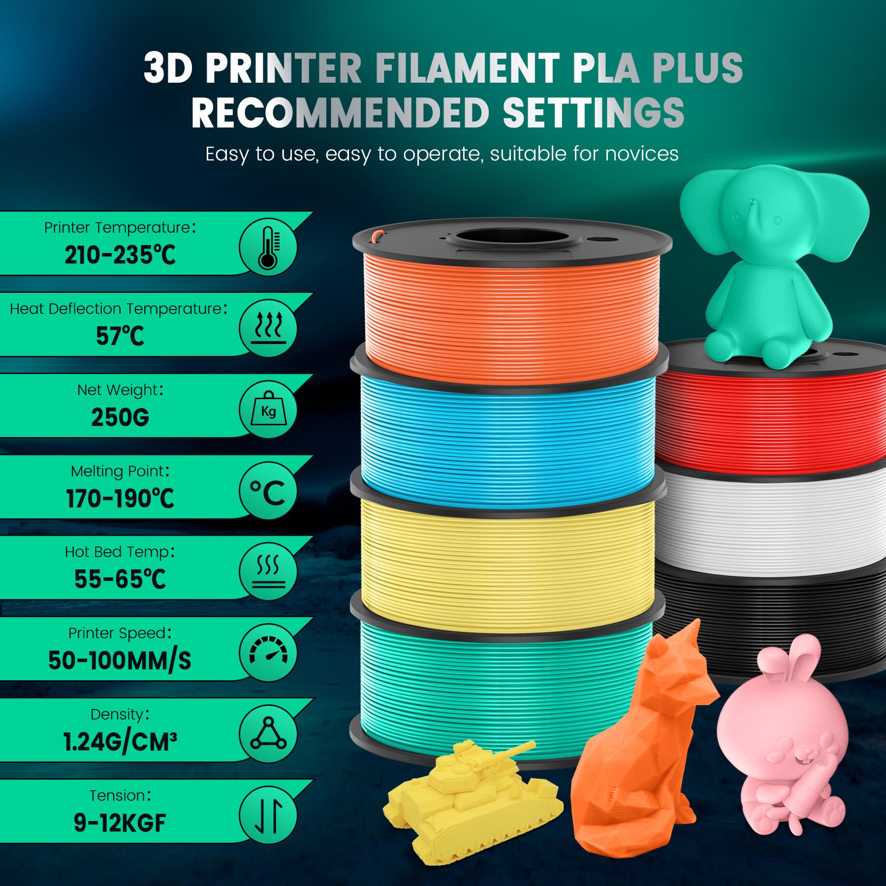 Confezione da 8 filamenti per stampante 3D PLA+ SUNLU, filamento PLA PLUS da 1.75 mm, bobina da 0.25kg, 8 colori, nero+bianco+grigio+verde menta+azzurro cielo+rosso ciliegia+arancio sole+giallo limone