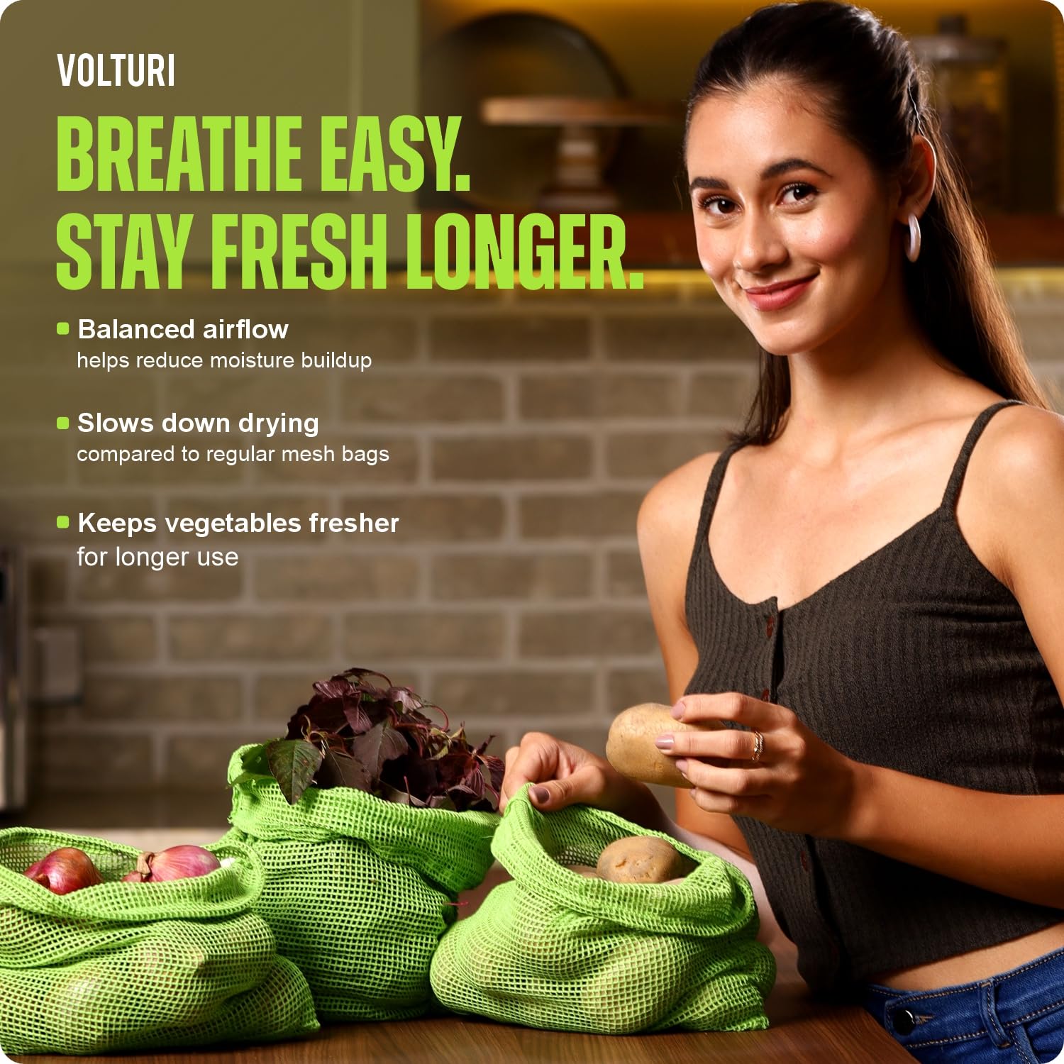 VOLTURI Vegetable Bag for Fridge (6 pcs), Fridge Storage bags with Drawstrings, 100% Cotton Vegetable Storage Bags for Refrigerator, Keeps Veggies Fresh Longer, Eco-Friendly Fridge Bag thumbnail 2