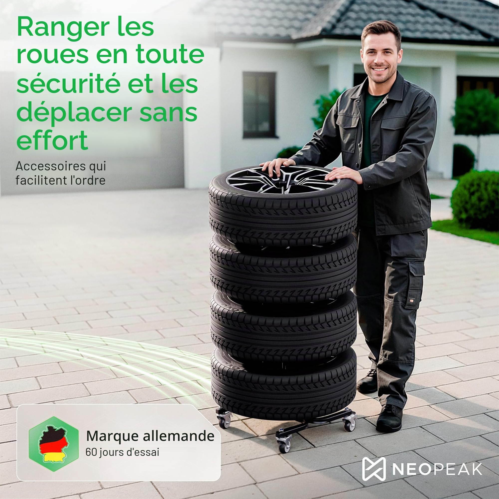 Felgenbaum XL avec housse de protection | Support à pneus mobile pour 4 pneus de voiture jusqu'à 285 mm de largeur et 24 pouces | Rangement stable et peu encombrant pour pneus