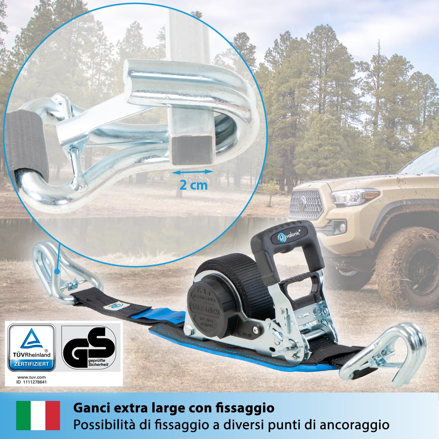 valonic GRIZZLY - 2x 5m XXL Cinghie di fissaggio automatiche con gancio a moschettone, 35mm, 800/1600 Kg, imbottite, certificate TÜV Rheinl. e GS, EN 12195-2 - con cricchetto, nero