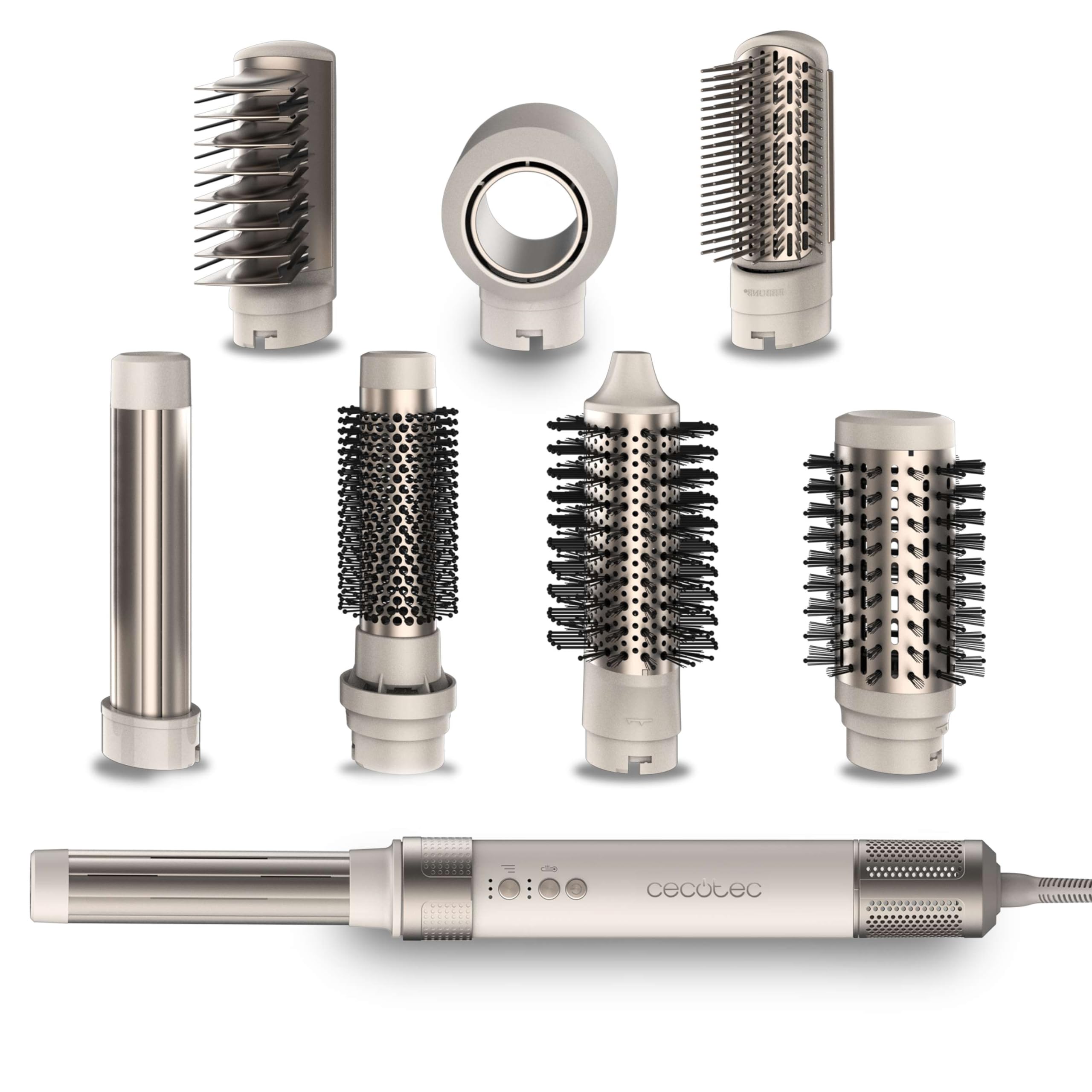 Cecotec Cepillo de Aire Secador Moldeador Alisador Multifunción 8 Cabezales CeramicCare AirGlam Champagne. 1400W, Tecnología Coanda, 3 Velocidades, 3 Temperaturas, Control Inteligente Calor, 110000rpm