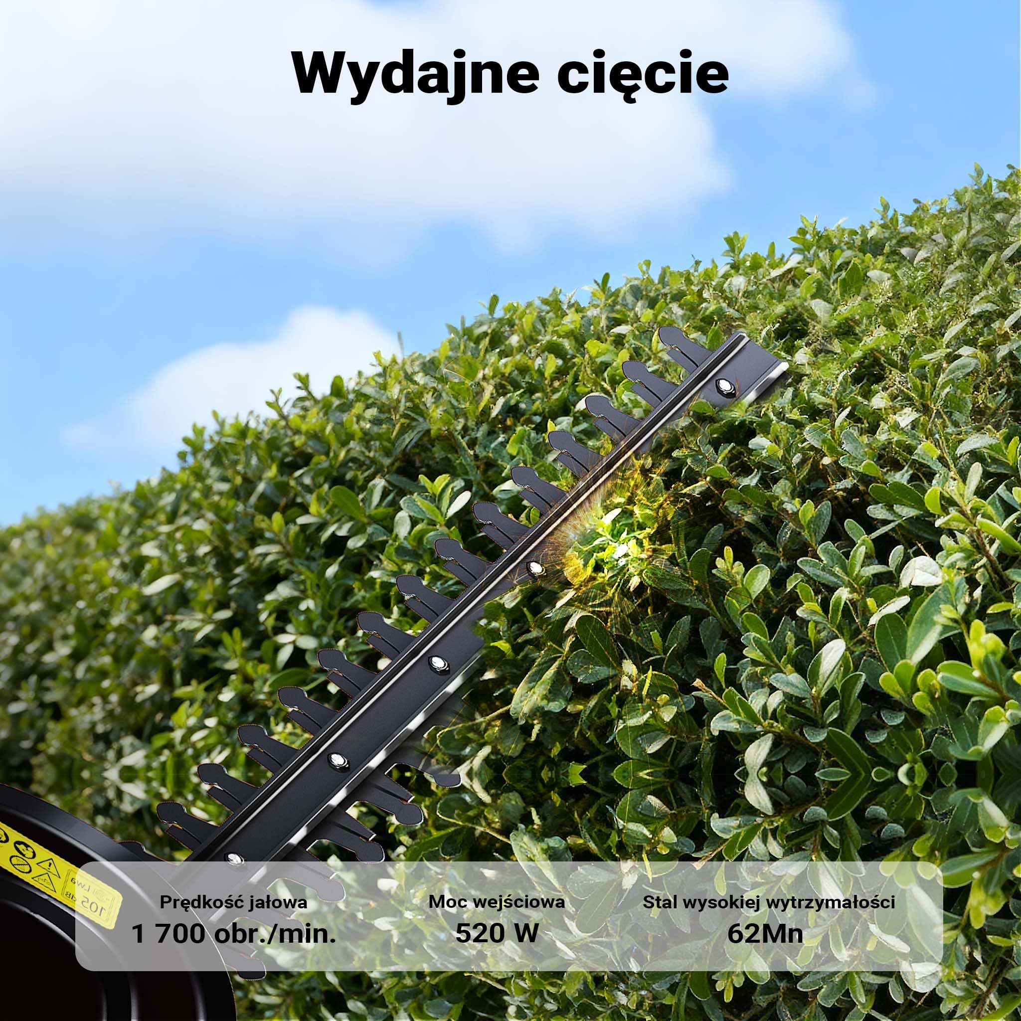 Elektryczne nożyce do żywopłotu Wiltec 520 W, nożyce do żywopłotu o długości cięcia 450 mm, piła do żywopłotu z hamulcem szybkomocującym, kosa spalinowa z osłoną dłoni