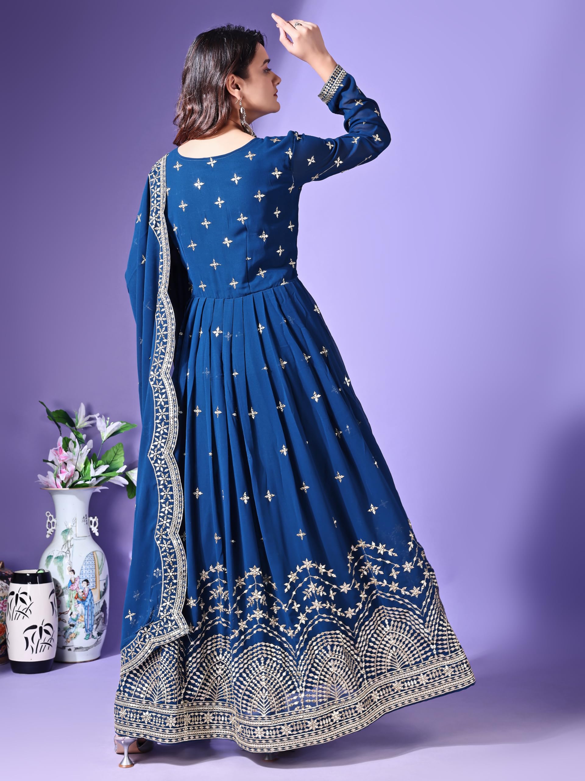Fashion Basket Faux Georgette Sequins Anarkali Dress For Women (In, Alpha, 2Xl, Regular, Turquoise)