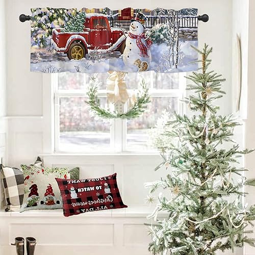 Miniatura 4 de Cenefas de muñeco de nieve para ventana de cocina, camión rojo rojo con árbol de Navidad, cortinas cortas para decoración de invierno, vacaciones,