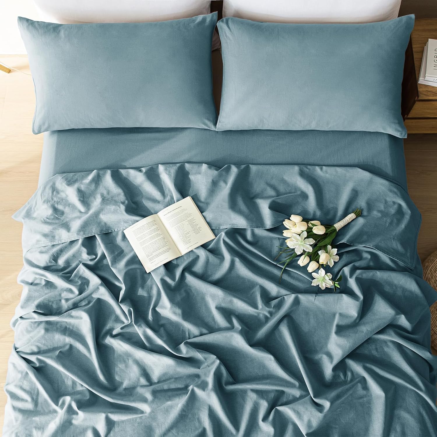 100% Linen Sheets Queen Size 4 Piece - Washed Natural Flax Bedding Set, Ultra Breathable Soft Durable Flat Sheet, Fitted Sheet Set with 16" Deep Pocket, All Season (Linen, Cal King)