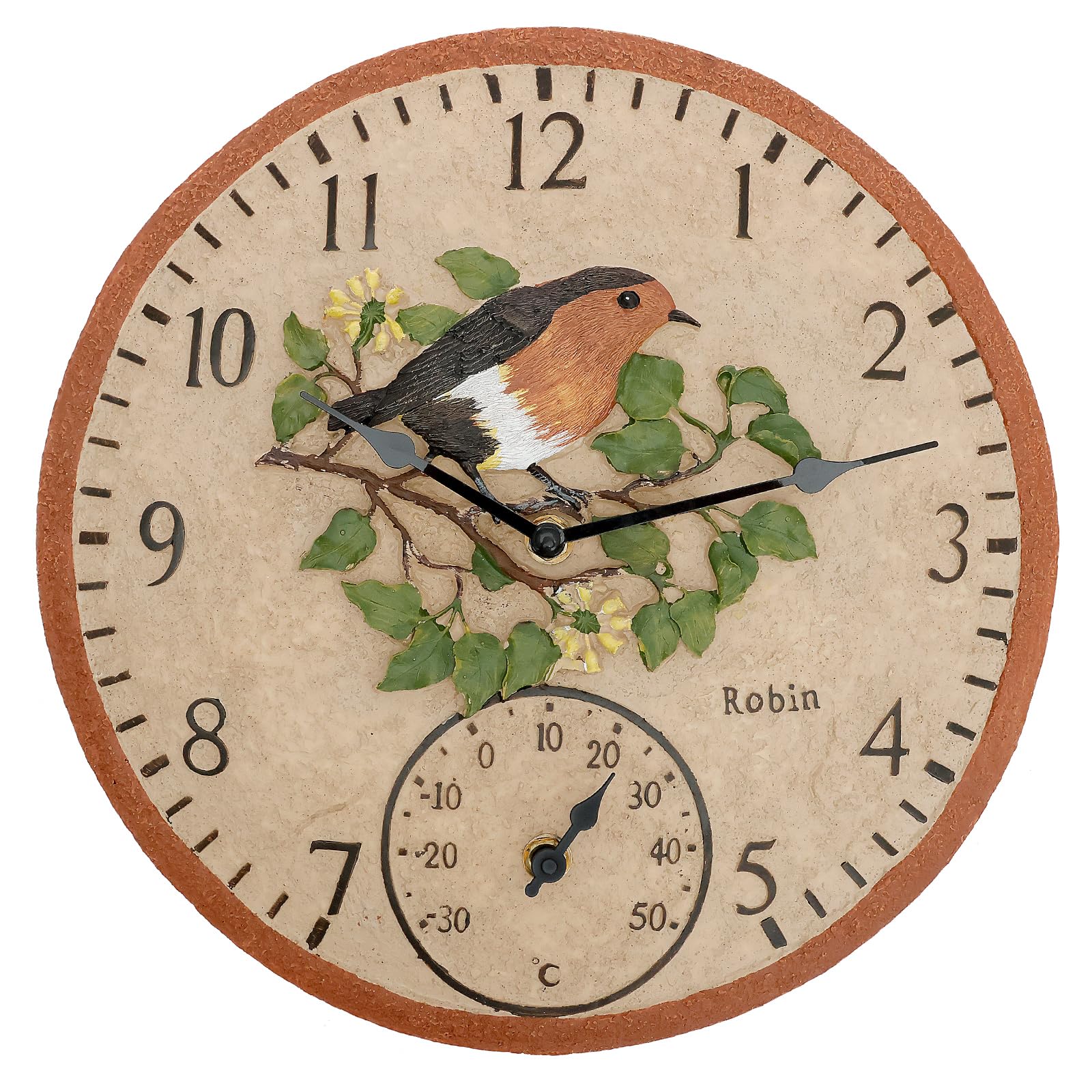 Outdoor Clock with Thermometer, Poly Resin Indoor and Outdoor Clock, Hanging Wall Clock, 12 Inch Retro Waterproof Wall Clocks for Patio, Pool, and Indoor Areas (Bird)