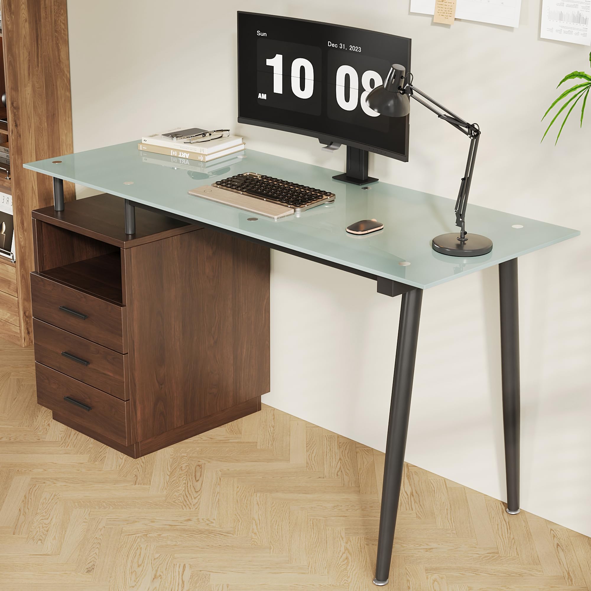 Moderno escritorio 130 x 50 x 75 cm, marrón, placa de cristal, estructura tubular de acero, tres cajones, compartimento abierto, cristal esmerilado templado, asas negras