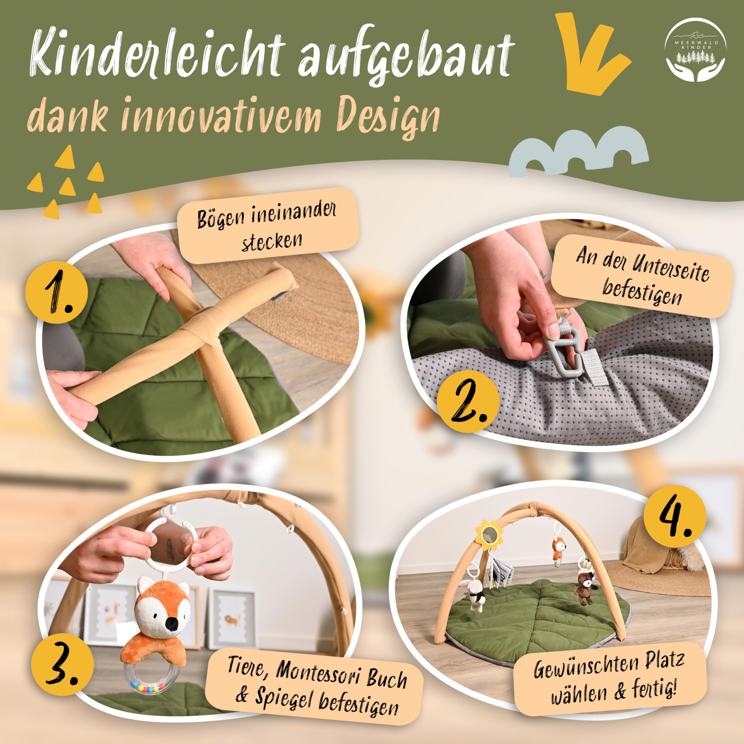 Premium Spielbogen Baby XXL waschbar mit 6 Montessori Sensorikspielzeugen, Meilensteinkarten, Spieldecke, Spielebogen, Baby Play Mat, Play Mat for Babies, Krabbeldecke mit Spielbogen
