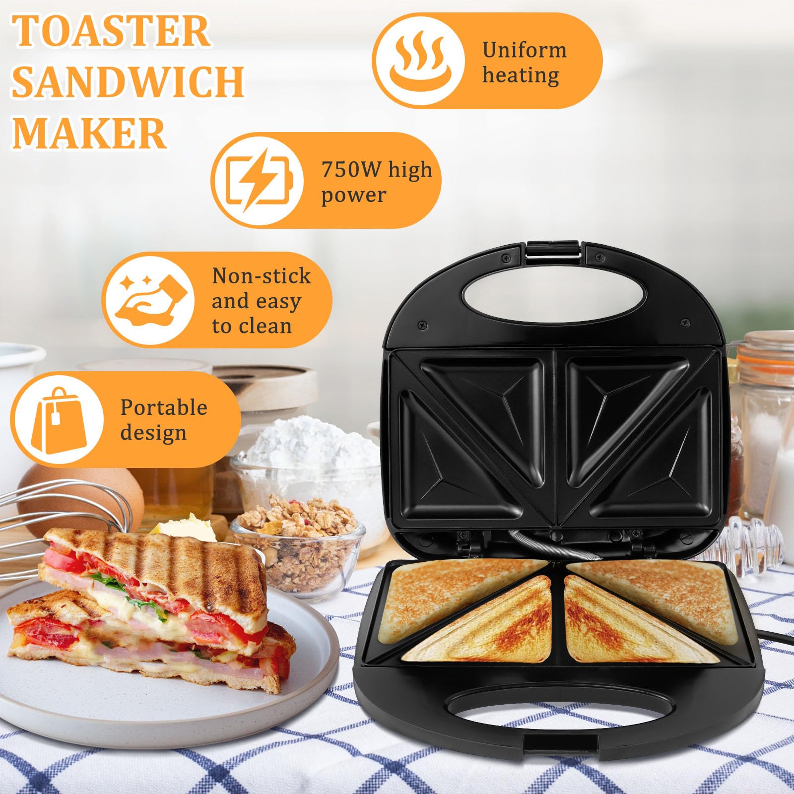 ZJRDYYK Sandwich Maker, Breakfast Sandwich Maker Grill, Stainless Steel Sandwich Panini Maker, Panini Grill Press Sandwich Maker, Panini Press Sandwich Maker