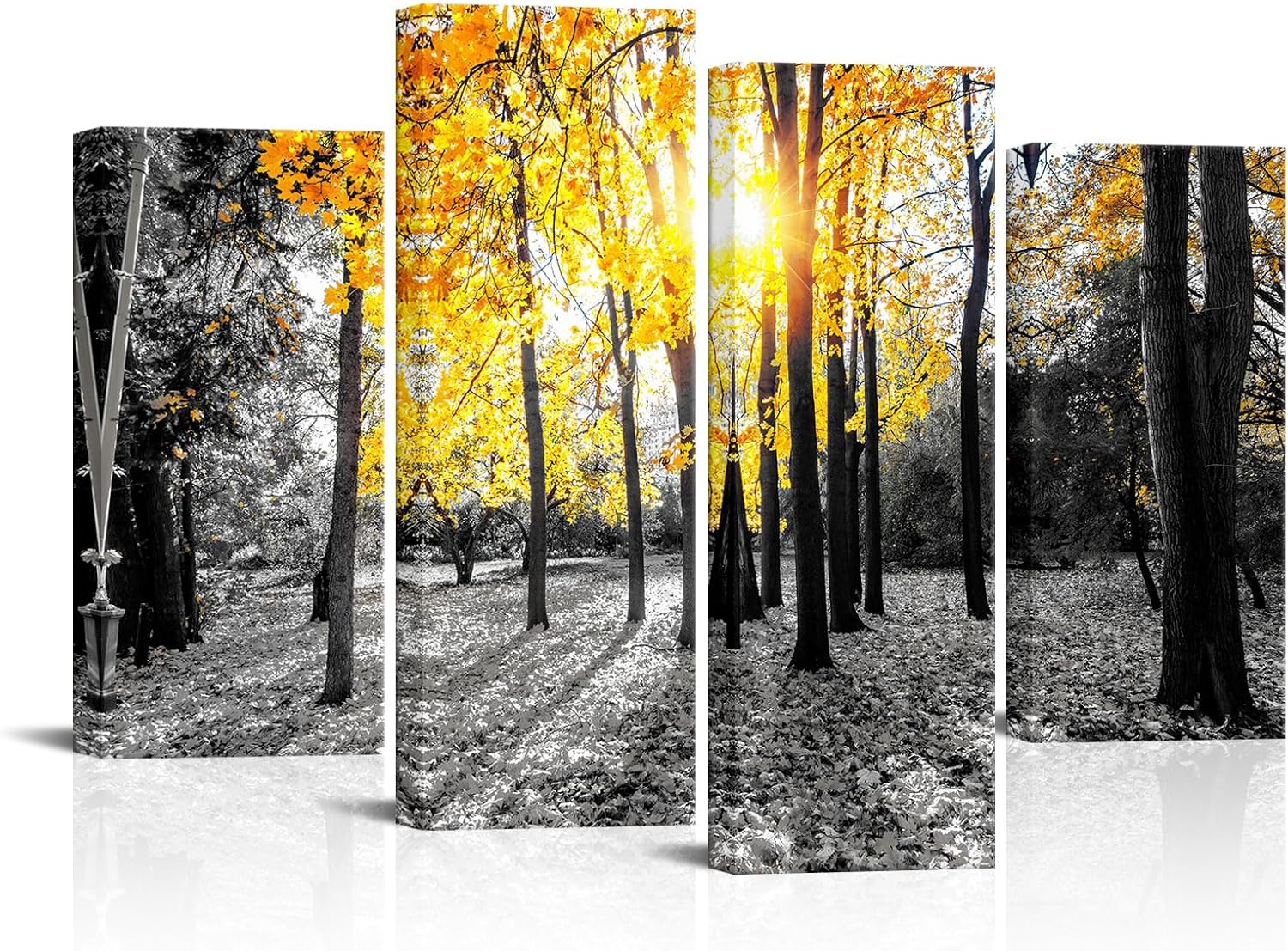 Biuteawal 4 Pcs Yellow Tree Wall Art Autumn Forest Sunrise Landscape Canvas Painting Tree Life Artwork Grey and Gold Picture for Home Decoration