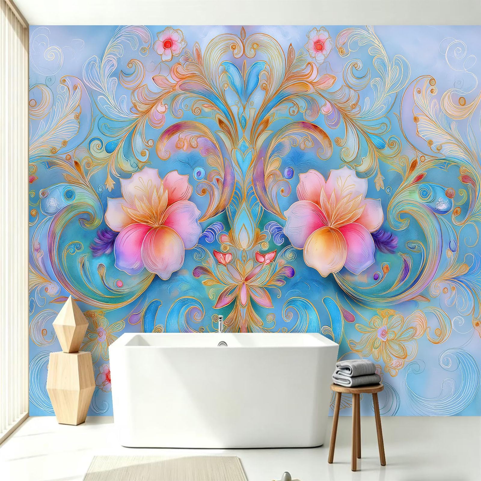 WTD - Papel pintado fotográfico (300 x 210 cm), diseño de flores, color azul claro
