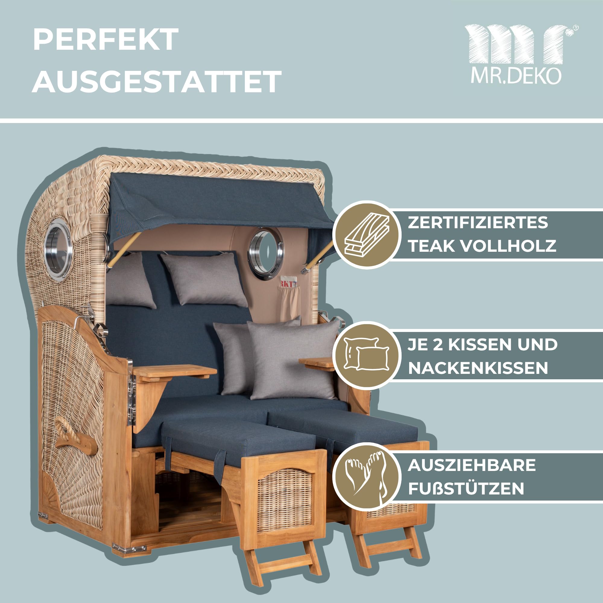 MR. DEKO® Strandkorb Düne Teak 2-Sitzer Bullauge | PE Geflecht Shell | Volllieger Strandstuhl verstellbar | inkl. 4 Kissen Wechselpolster | Strandkörbe fertig montiert aus Teakholz | (Dessin 593)