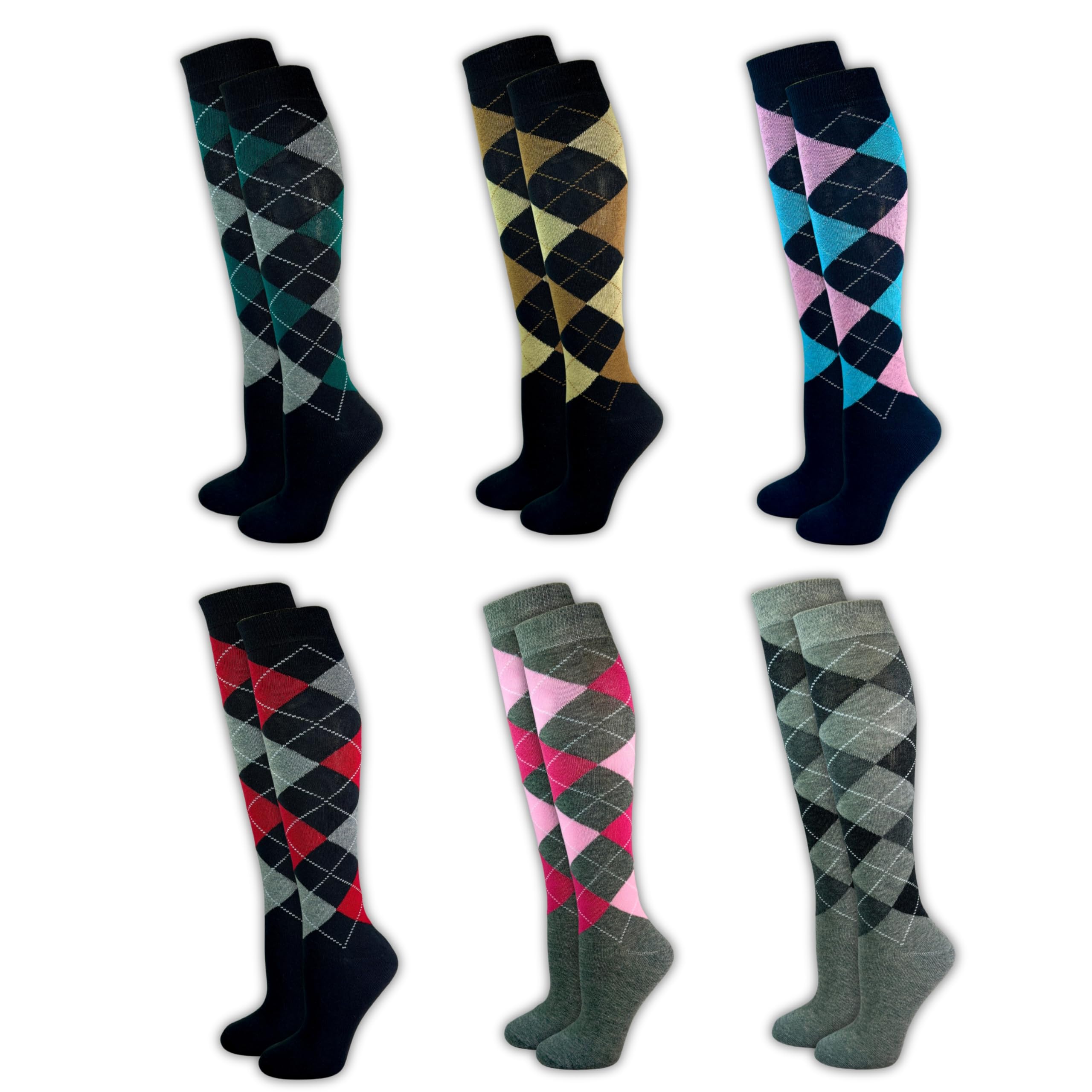 Generisch Lot de 6 paires de chaussettes d'équitation pour femme - Taille confortable - Coton - À carreaux - Respirantes