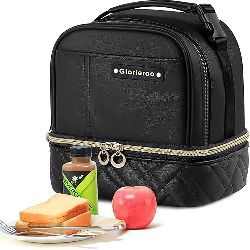 Lonchera XL para mujer, regalo para el Día de la Madre para mujeres, gran lonchera aislada, hielera, elegante, de piel vegana, 2 niveles, para