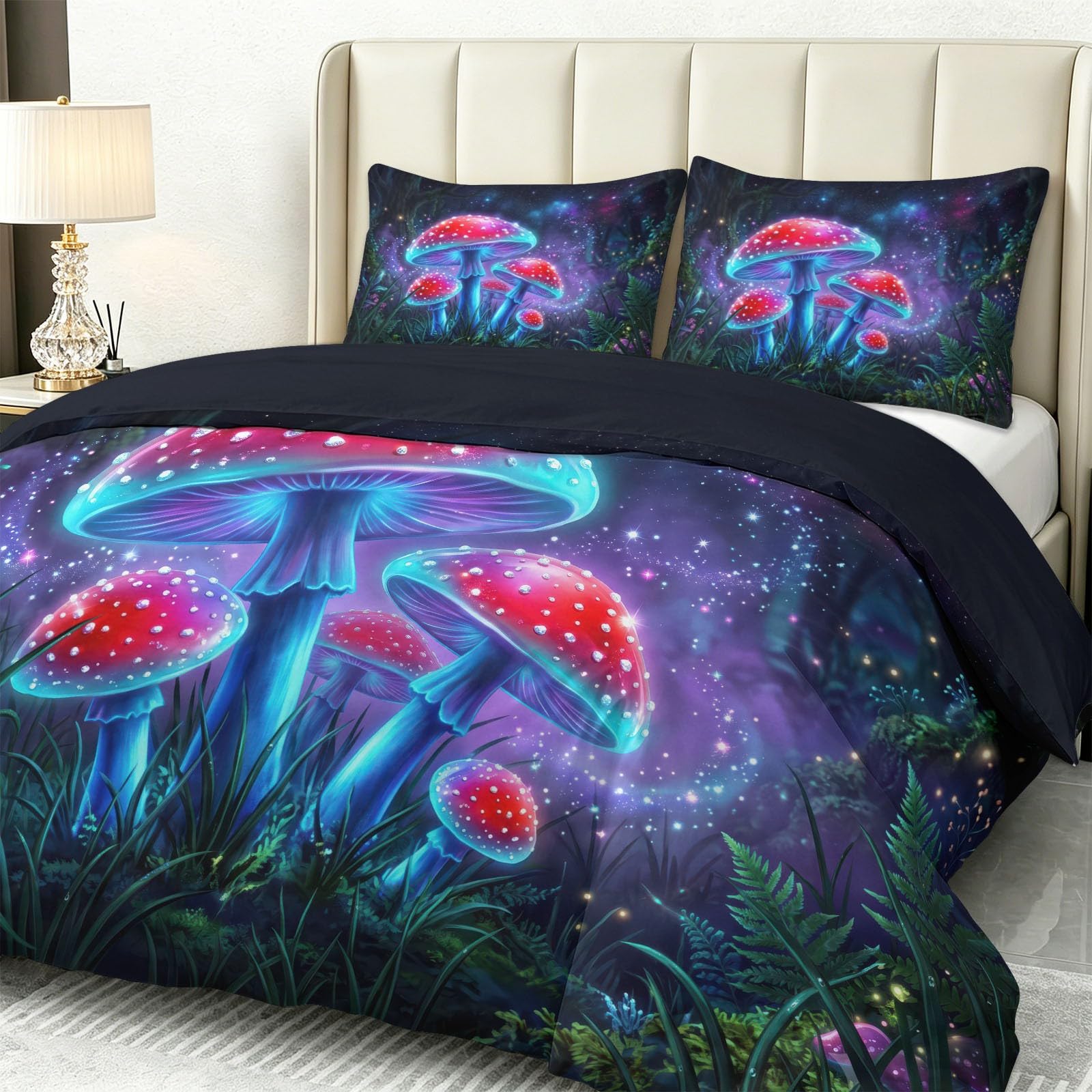 Fantazyjny zestaw pościeli 3-częściowy sztuka cyfrowa grzyb lasu, miękka poszwa na kołdrę 200 x 200 cm i 2 poszewki na poduszki, 2-osobowy zestaw pościeli z zamkiem błyskawicznym, wielokolorowy