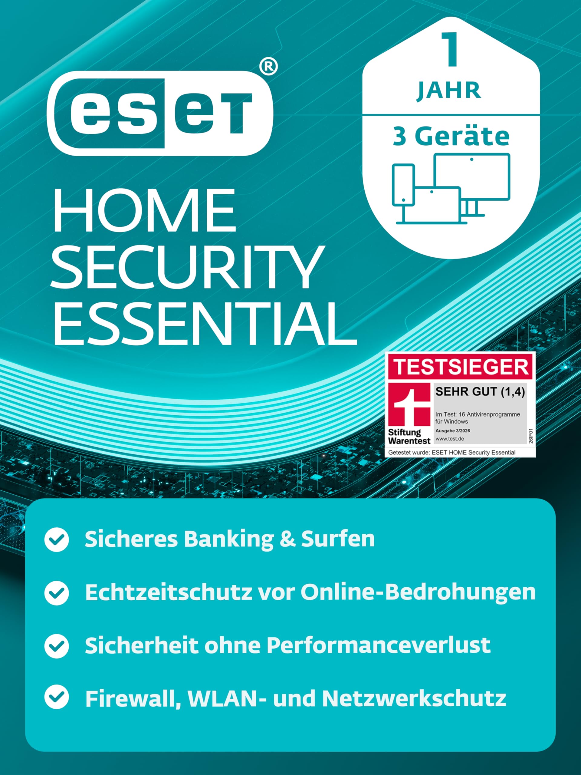 ESET HOME Security Essential 2026 | 3 Geräte | 1 Jahr | inklusive Firewall, Sicheres Banking & Surfen, Mikrofonkontrolle & Webcam-Schutz| Windows, macOS und Android | Aktivierungscode per E-Mail