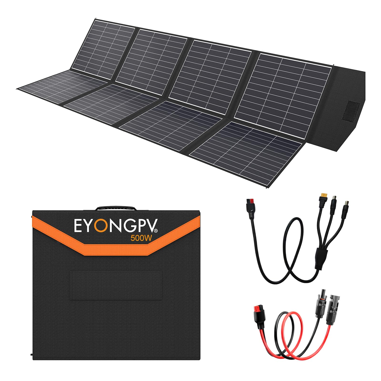 EYONGPV Panel solar plegable de 500 W, 26 % células HPBC, cargador solar portátil impermeable IP65 con salida Anderson de 30 A y cable de 4,5 m, para RV, camping, estaciones eléctricas al aire libre